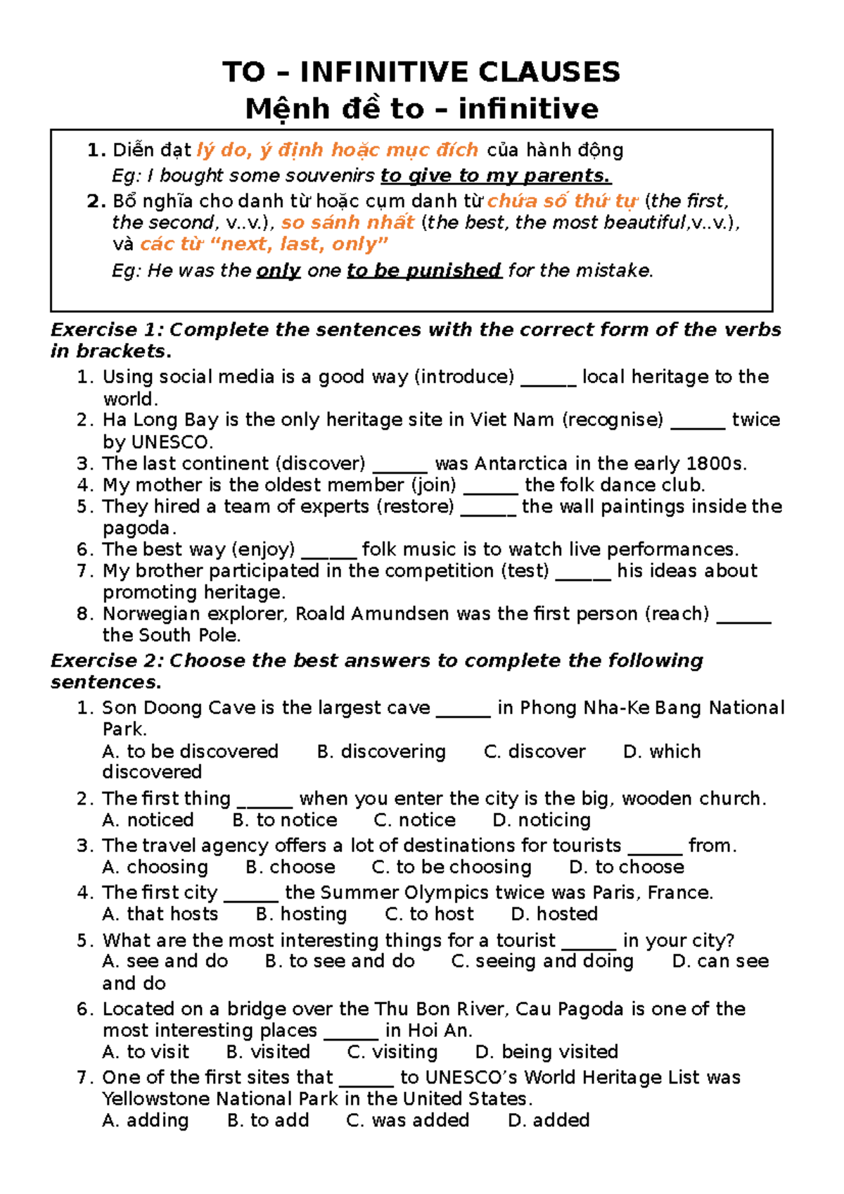 Grammar Exercise: To Infinitive Clauses and Perfect Participles - Studocu