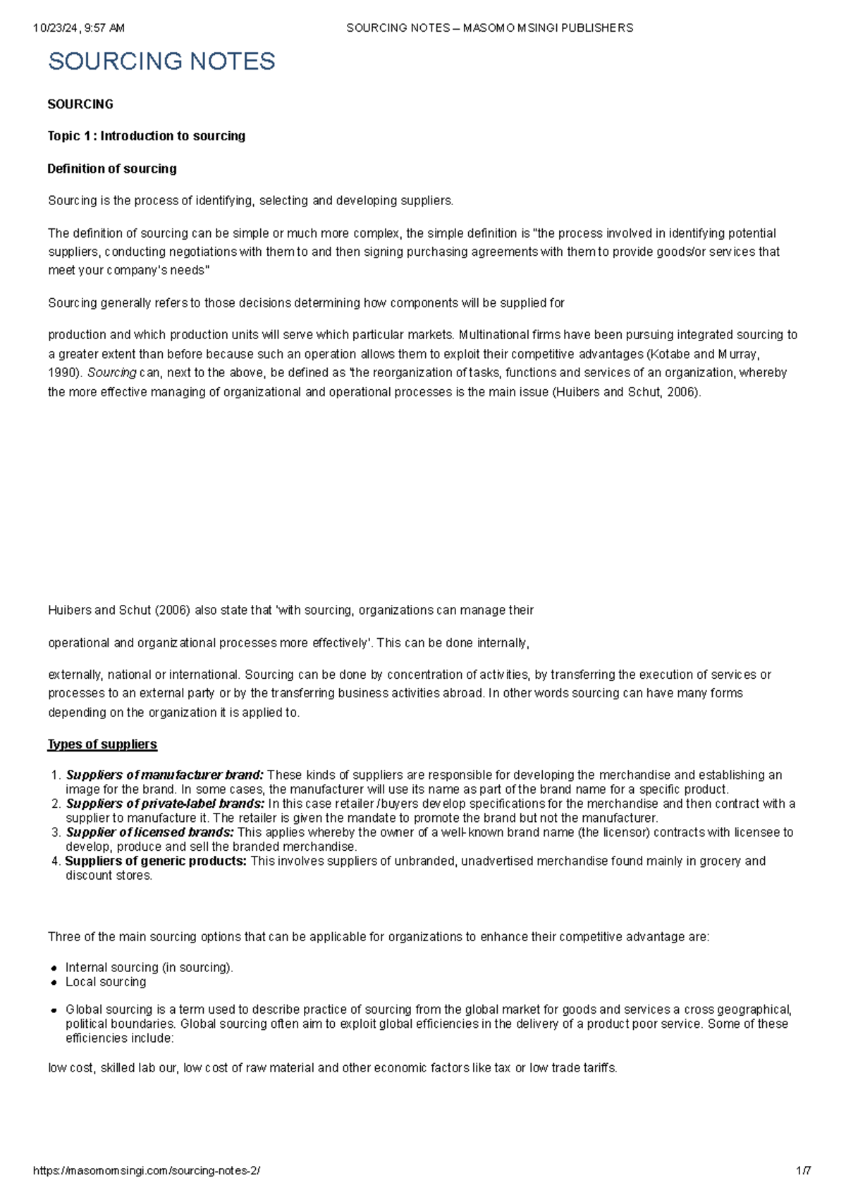 Sourcing Notes - Supply Chain Management Insights and Techniques - Studocu