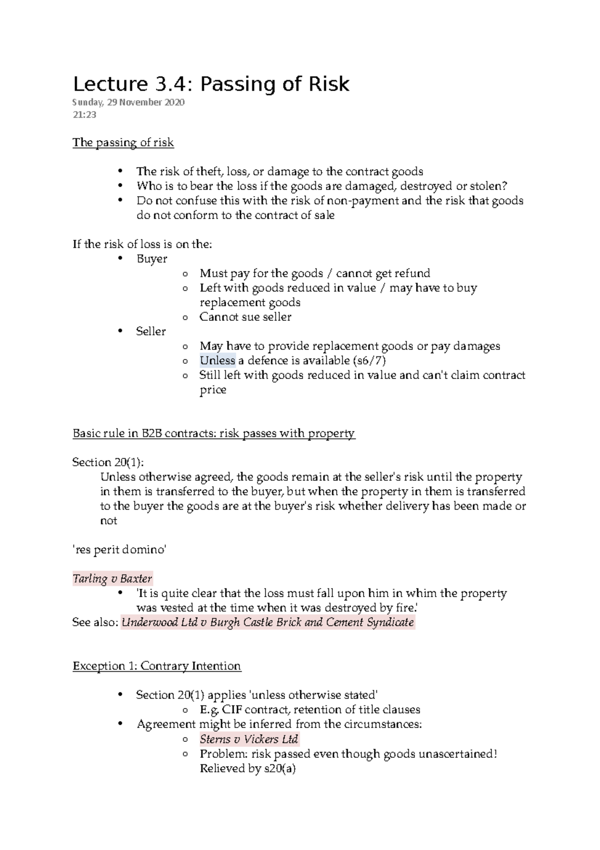 Lecture 3.4: Passing of Risk in B2B Contracts and Exceptions - Studocu