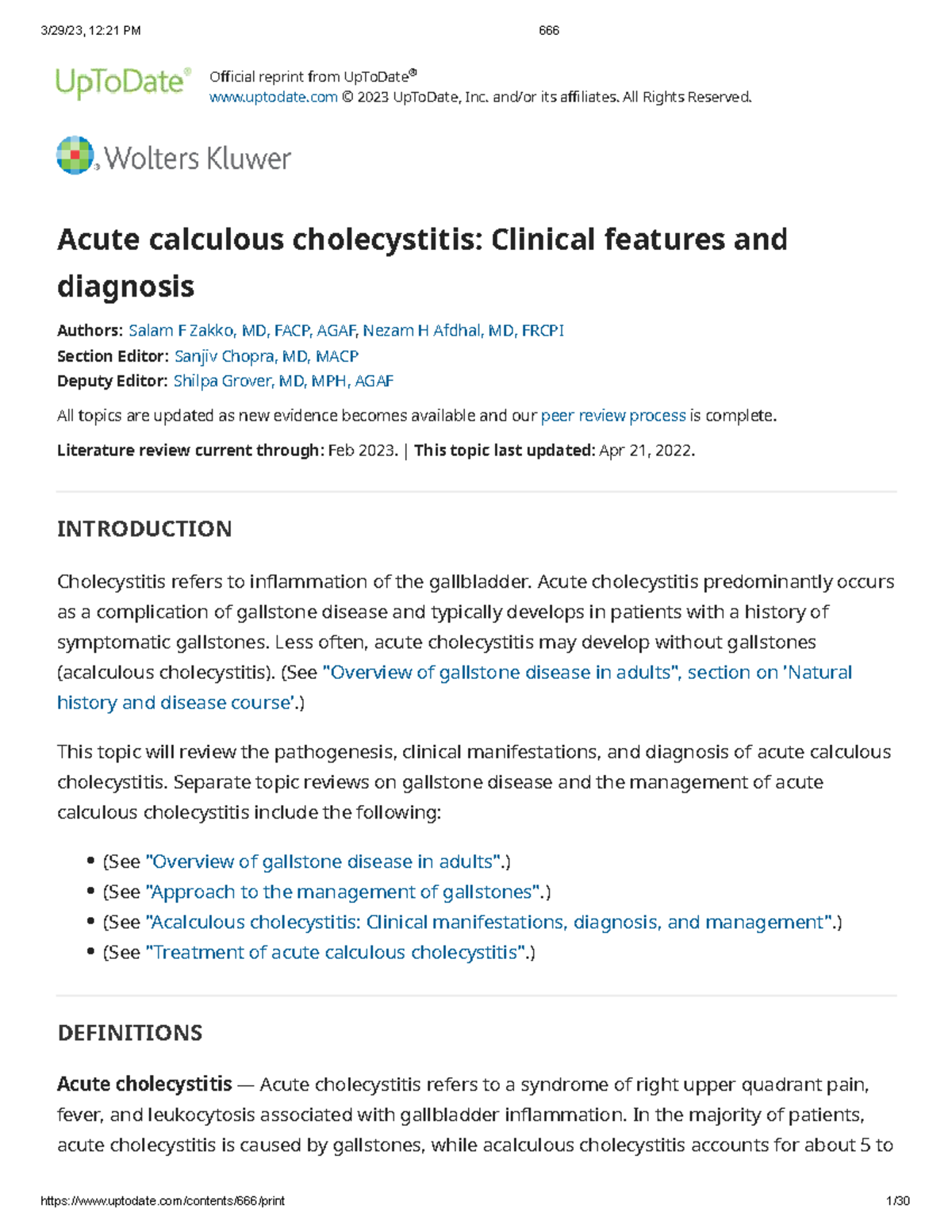 Acute Calculous Cholecystitis: Clinical Features & Diagnosis (MED 666 ...