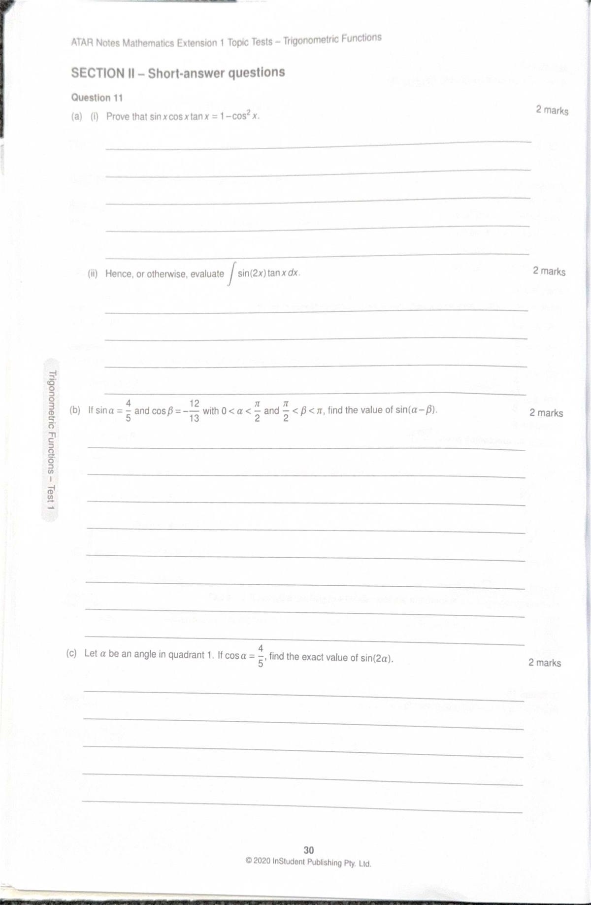 ATAR Notes Math Ext 1 Topic Tests on Trigonometric Functions - Studocu