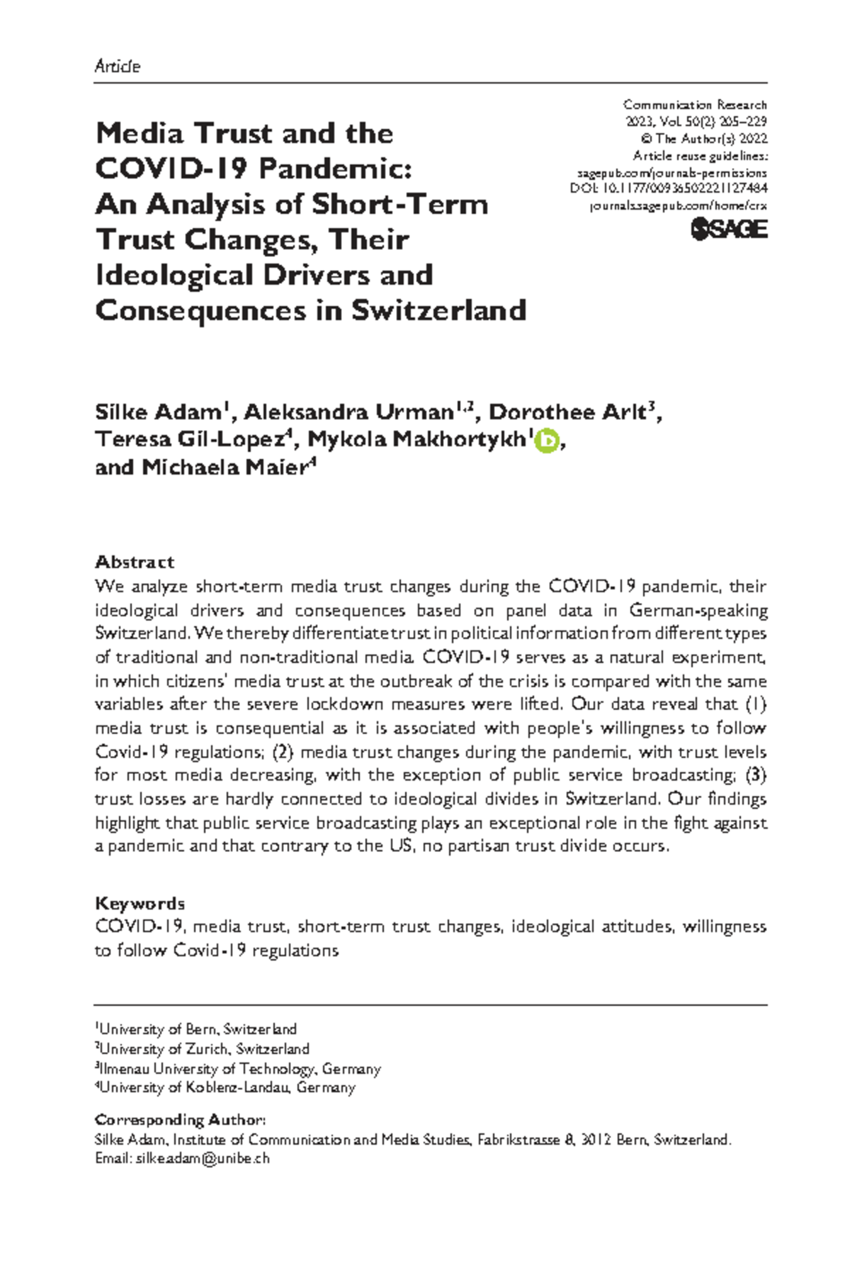 1127484 Research: Media Trust Changes During the Pandemic in ...