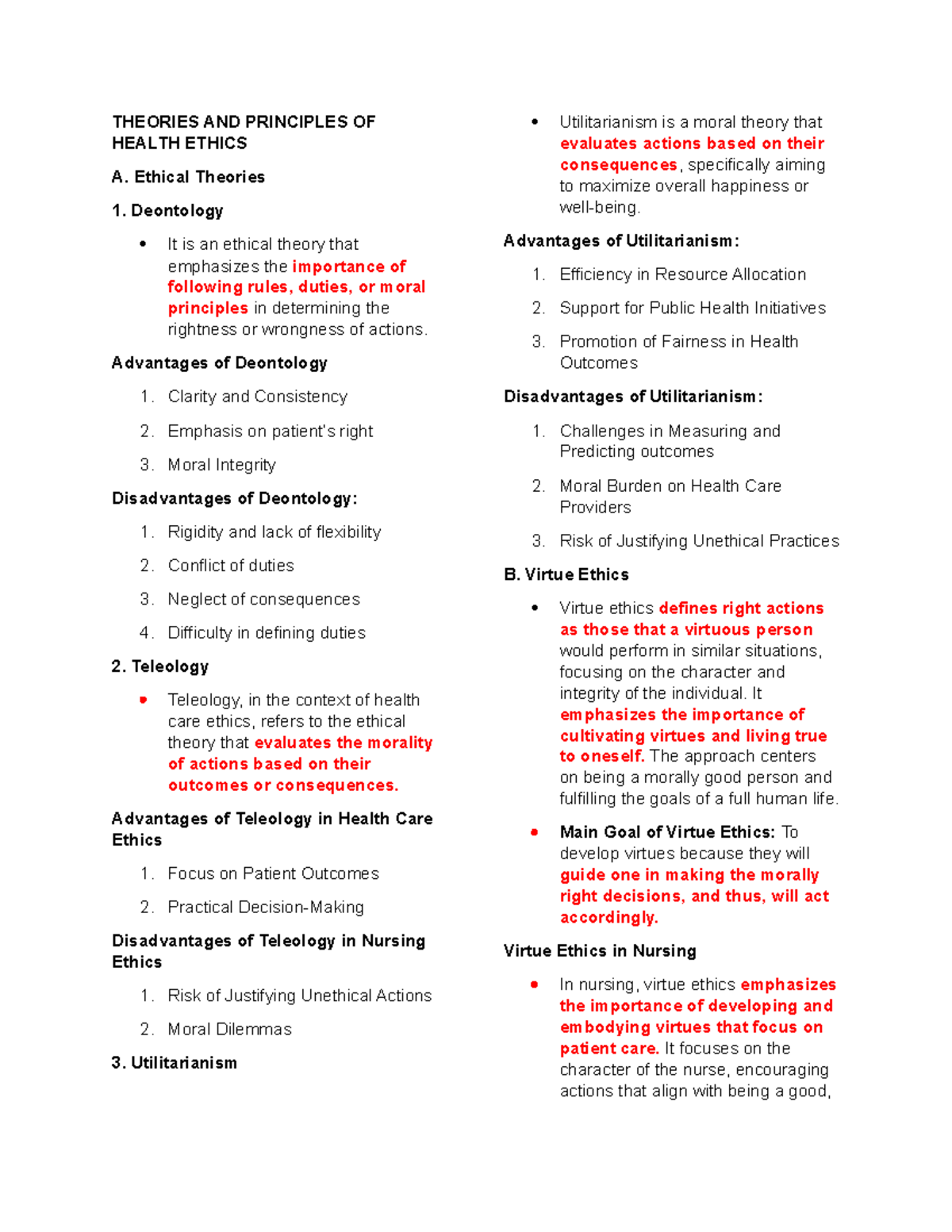 Theories and Principles of Health Ethics: Overview and Analysis - Studocu
