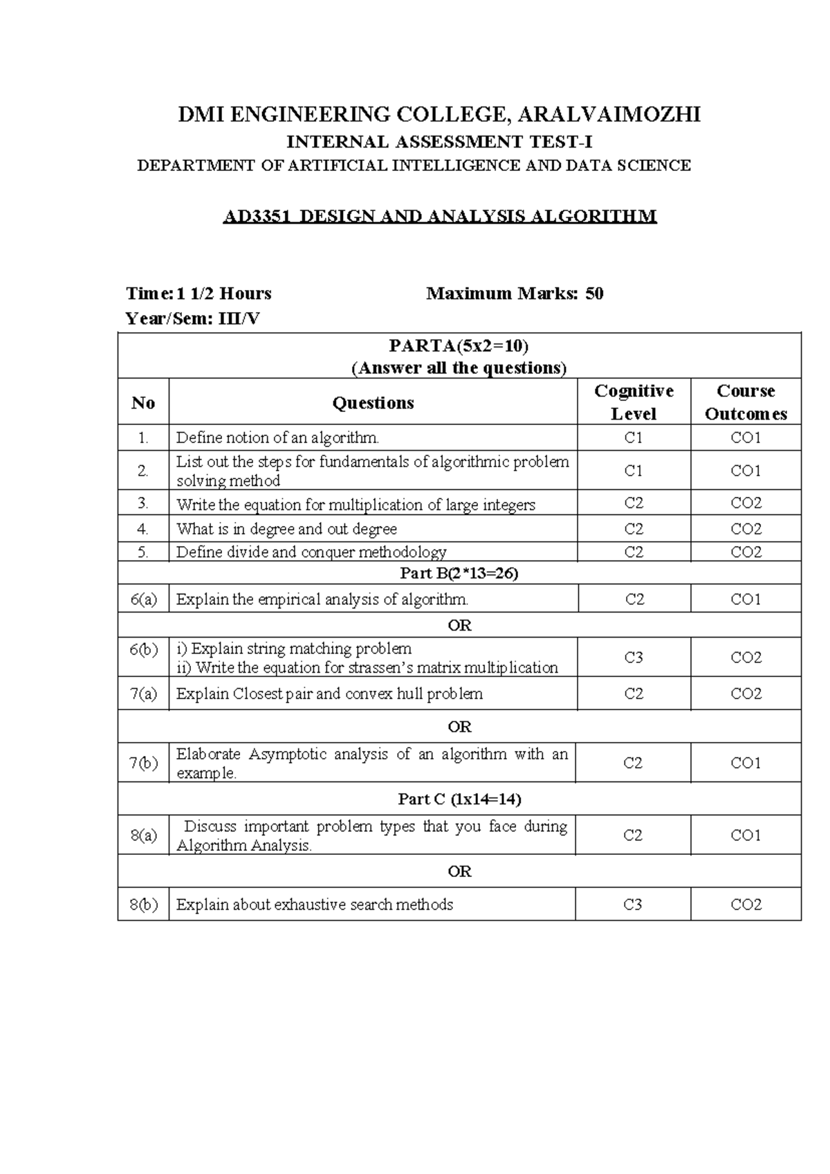 AD3351 DAA Internal Assessment Test 1 - Set 2 Questions - Studocu