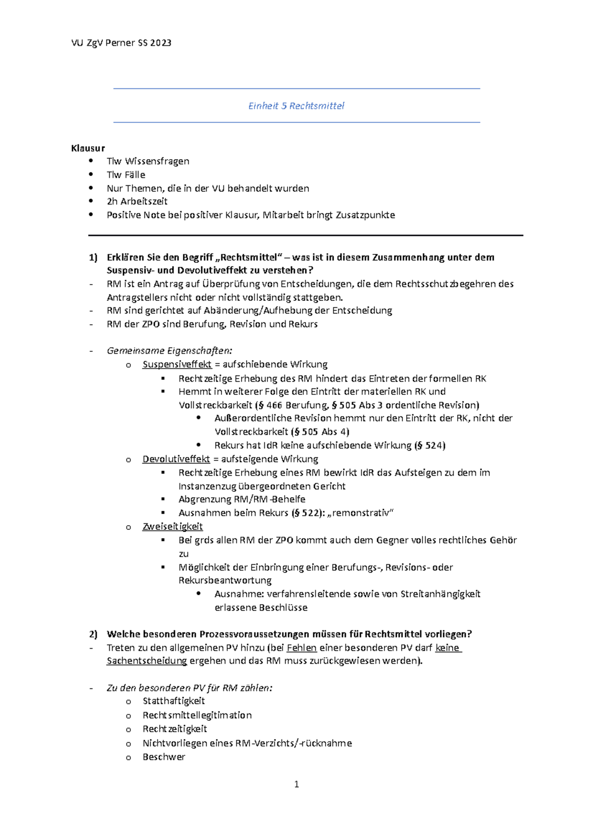 VU ZgV Perner Einheit 5: Rechtsmittel und Berufungsverfahren - Studocu