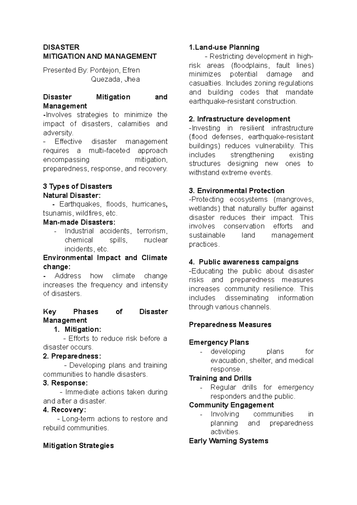 Disaster Mitigation and Management Strategies - HAND OUTS SA 106 - Studocu