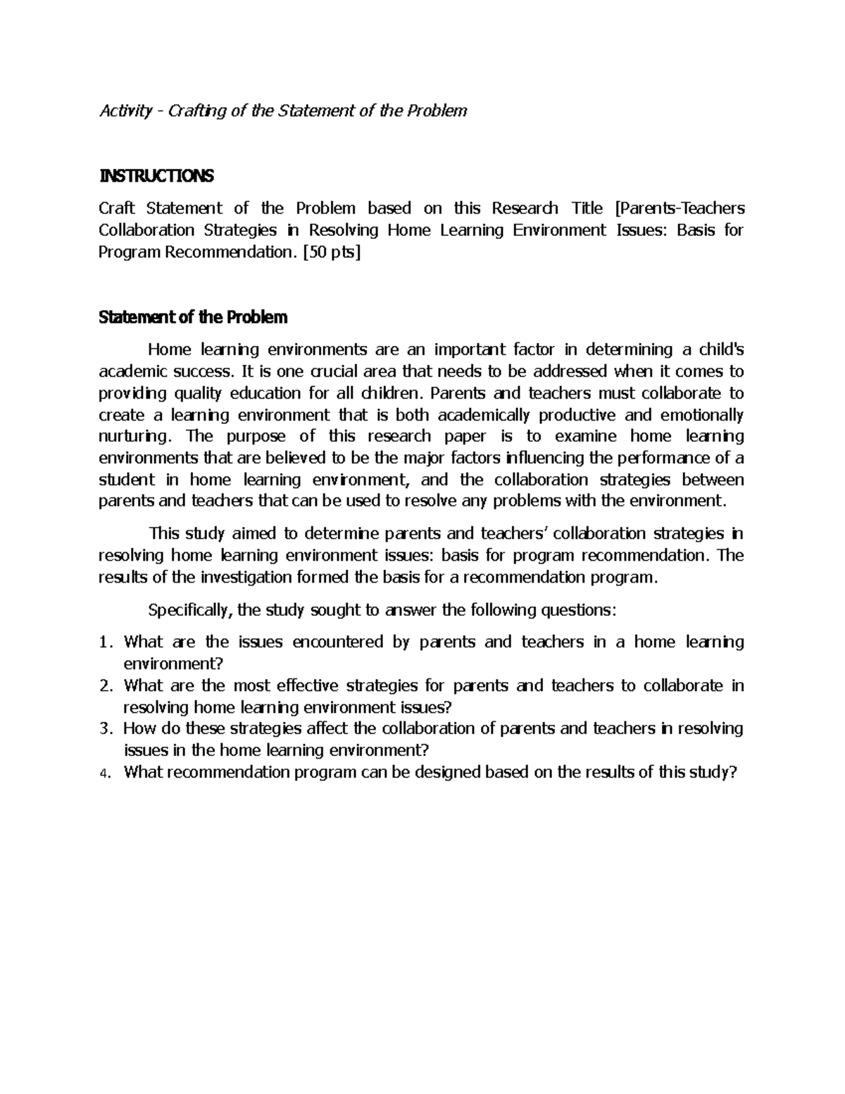 Research Activity: Crafting the Statement of the Problem (50 pts) - Studocu