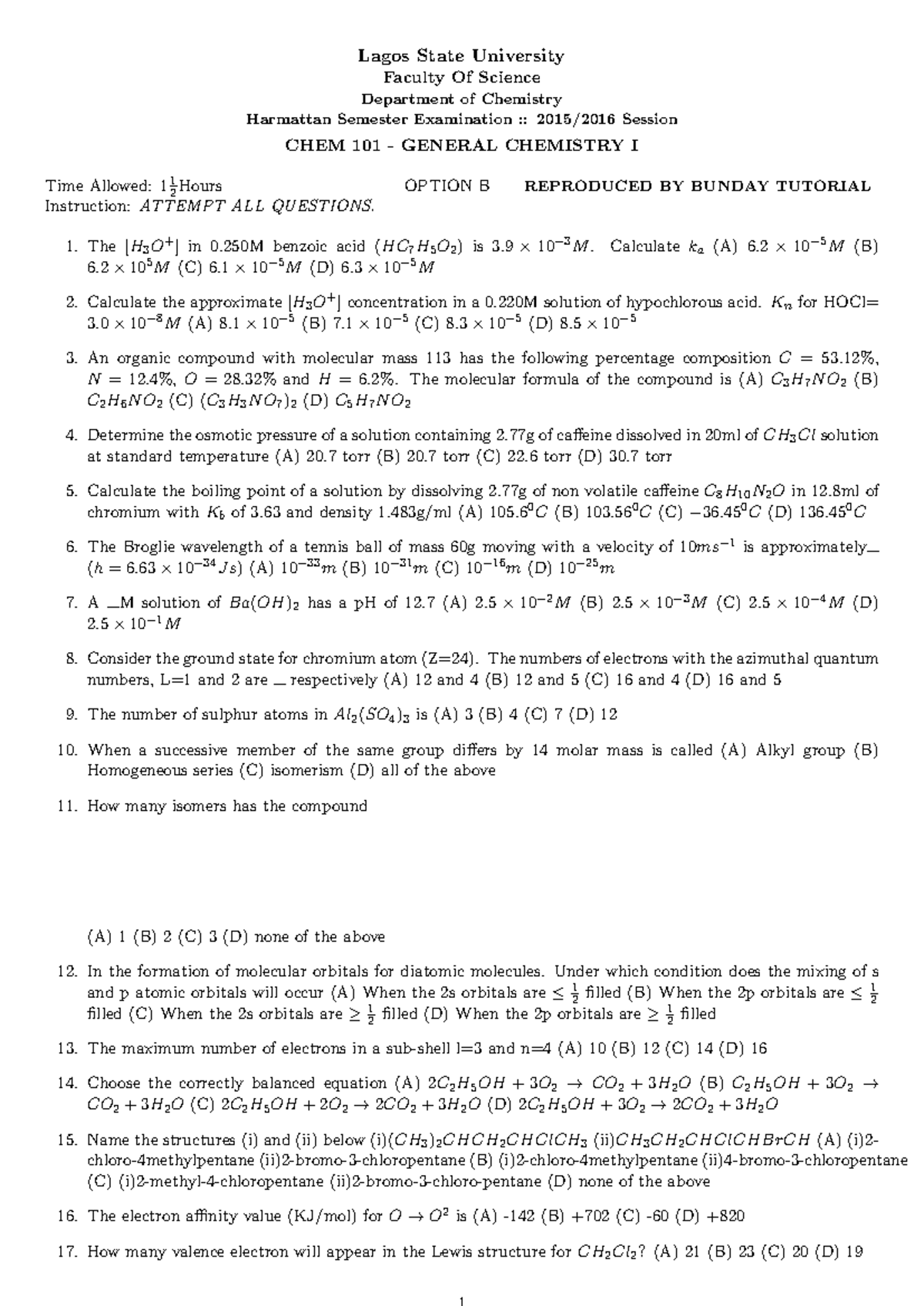 Chem101pq - Chem101 Practice Questions for General Chemistry I Exam ...
