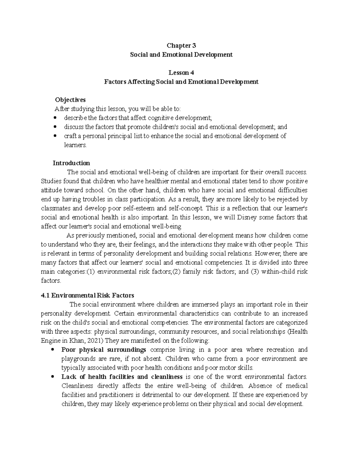 CALLP - Chapter 3: Factors Influencing Social & Emotional Growth - Studocu
