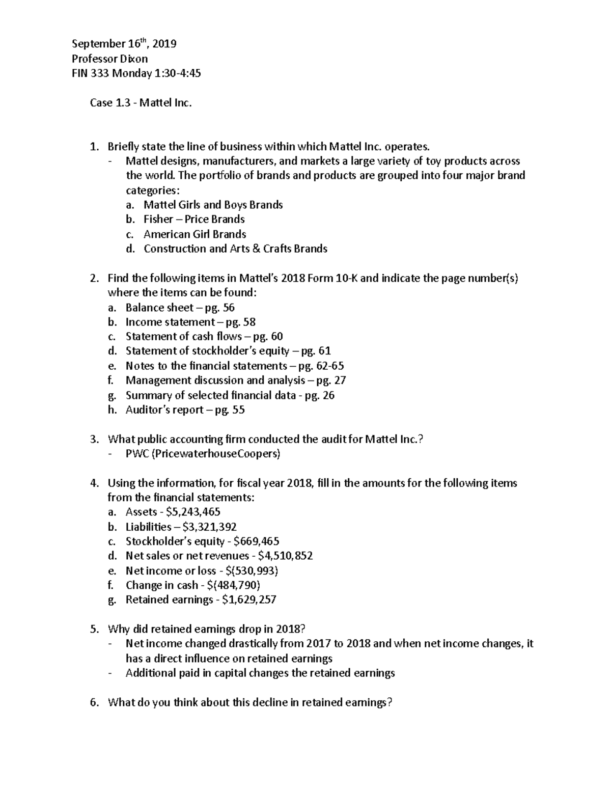 FIN 333 Case 1.3 Mattel Inc. - September 16th, 2019 Professor Dixon FIN ...