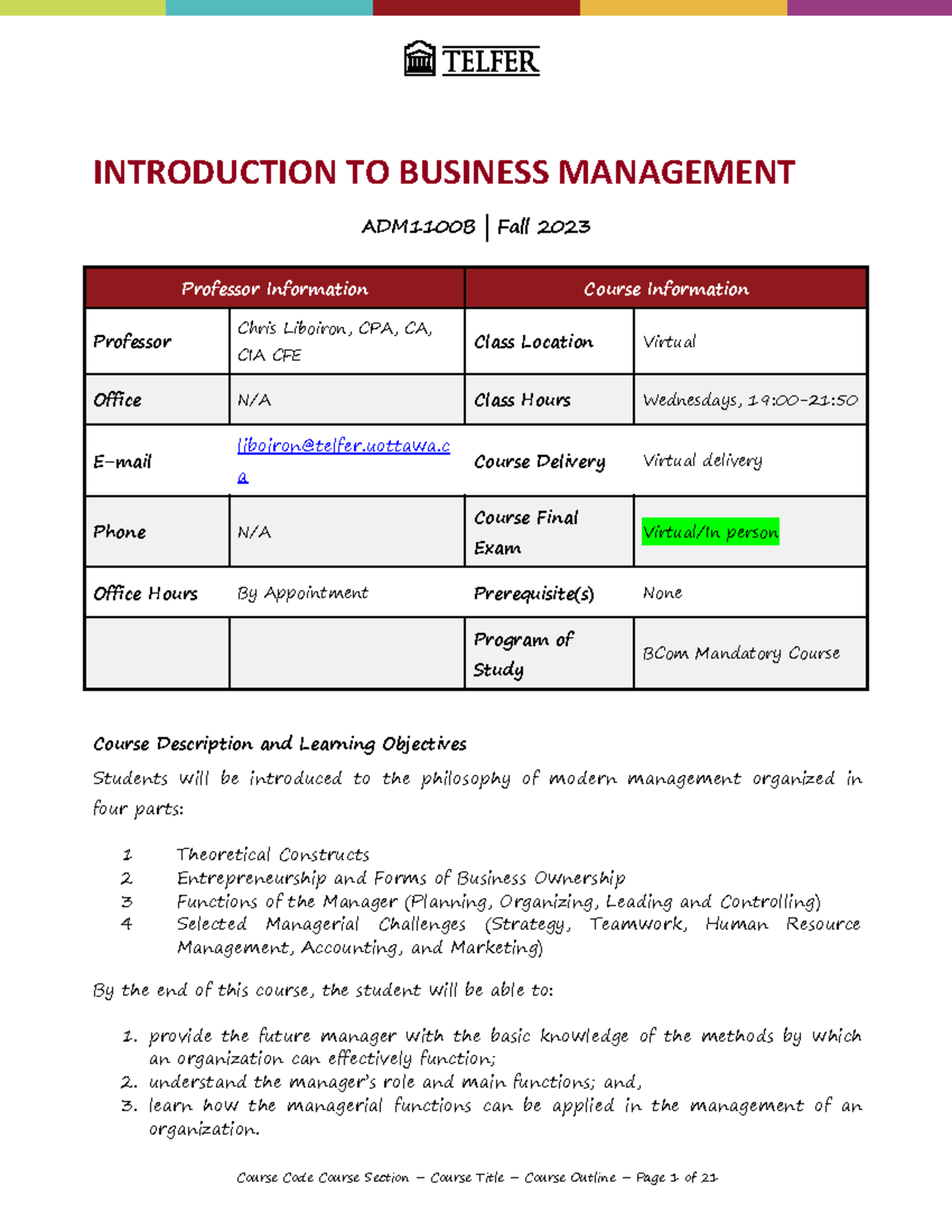 ADM1100 B-FALL-2023 - Introduction to Business Management Outline - Studocu