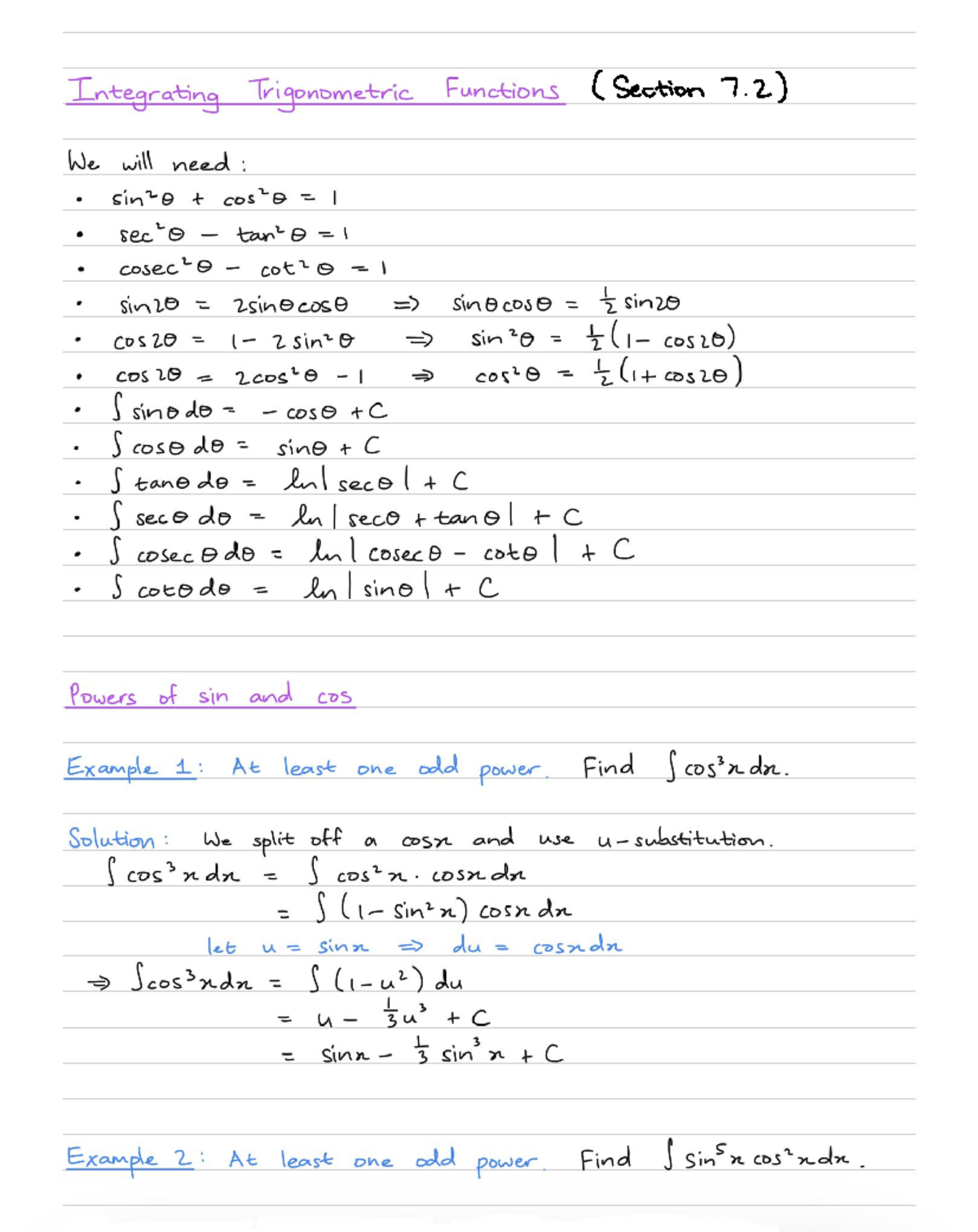 Integrating Trigonometric Functions (MATH 101 - Section 7.2) - Studocu