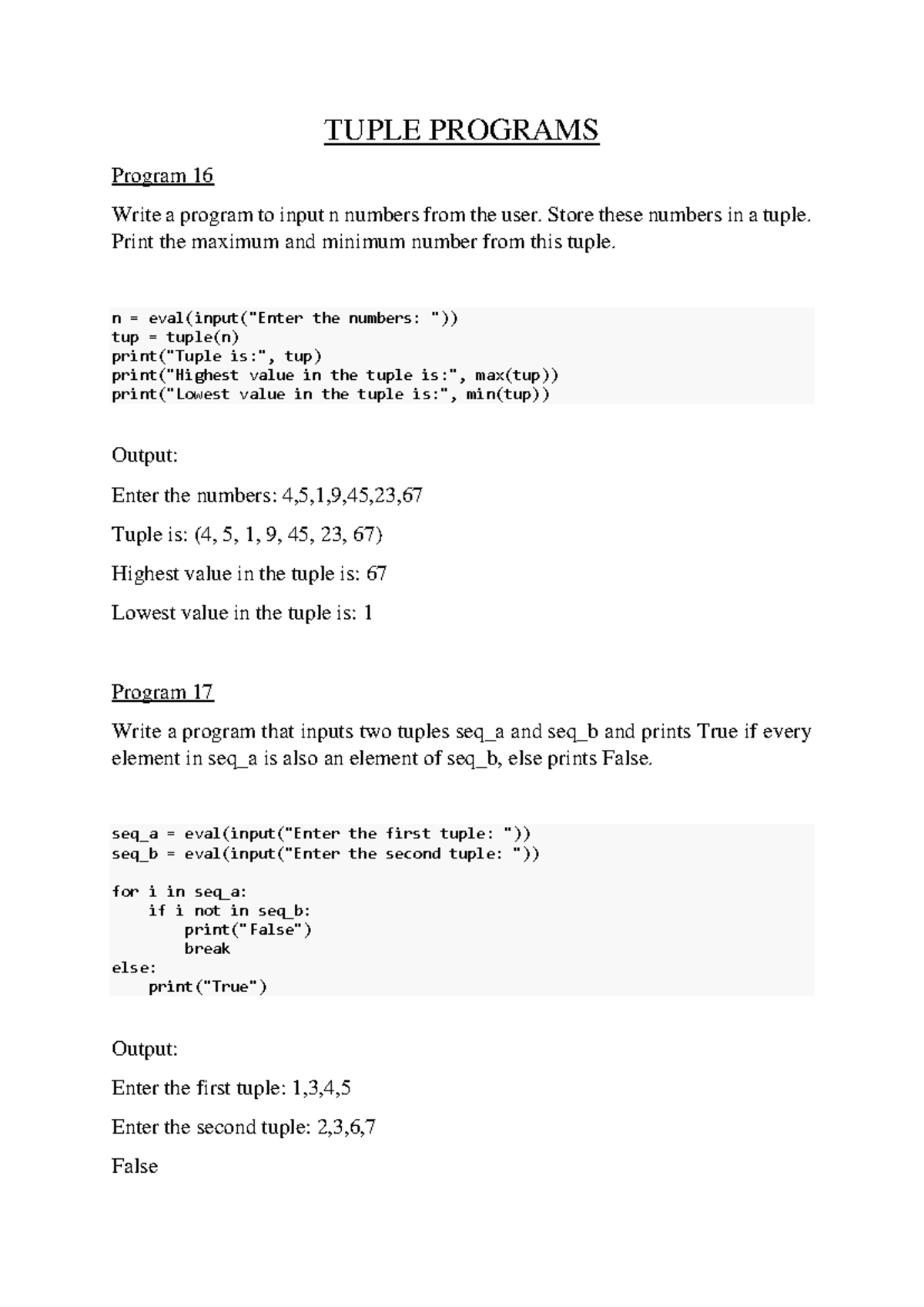 Tuple Programs - TUPLE 16-19: Max/Min & Order Check - Studocu