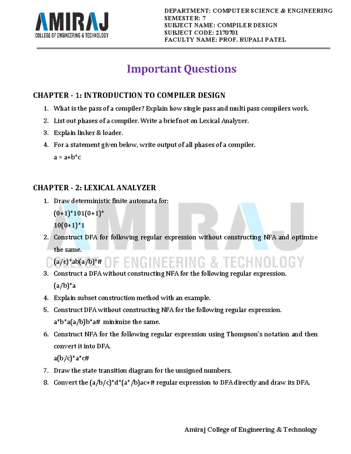 CD 2170701 Imp question-bank - SEMESTER: 7 SUBJECT NAME: COMPILER ...