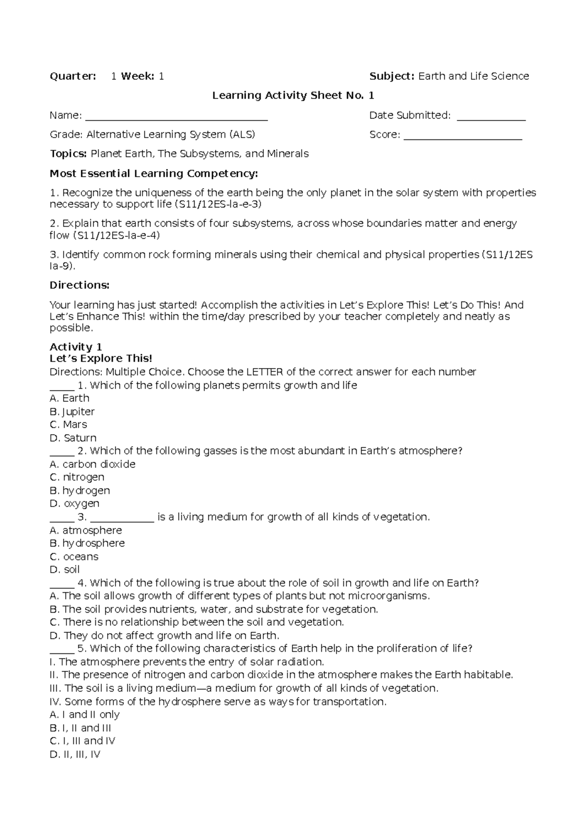 Learning Activity Sheet No. 1 ELS - Quarter: 1 Week: 1 Subject: Earth ...