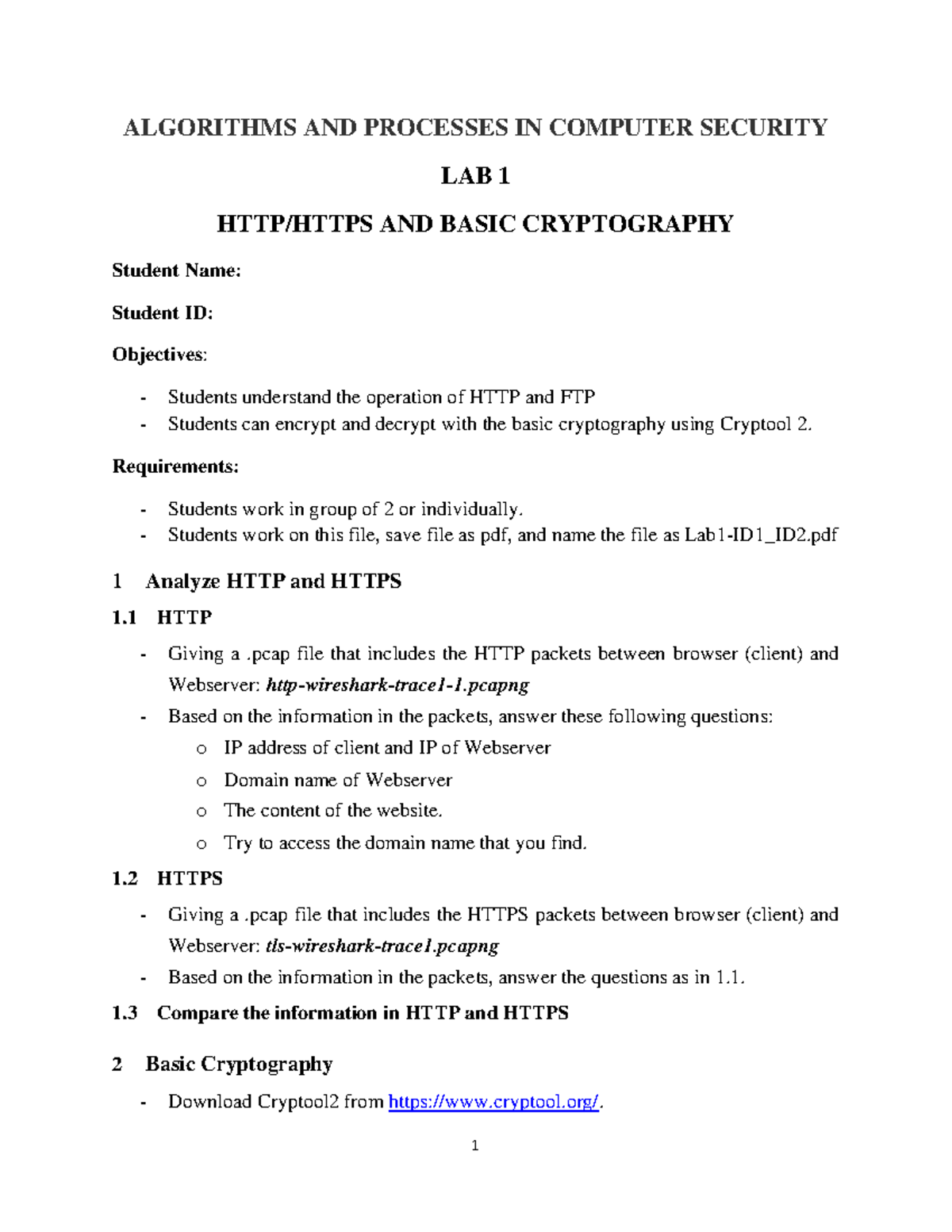 Lab 1 - HTTP Https and basic crypto en - 1 ALGORITHMS AND PROCESSES IN ...