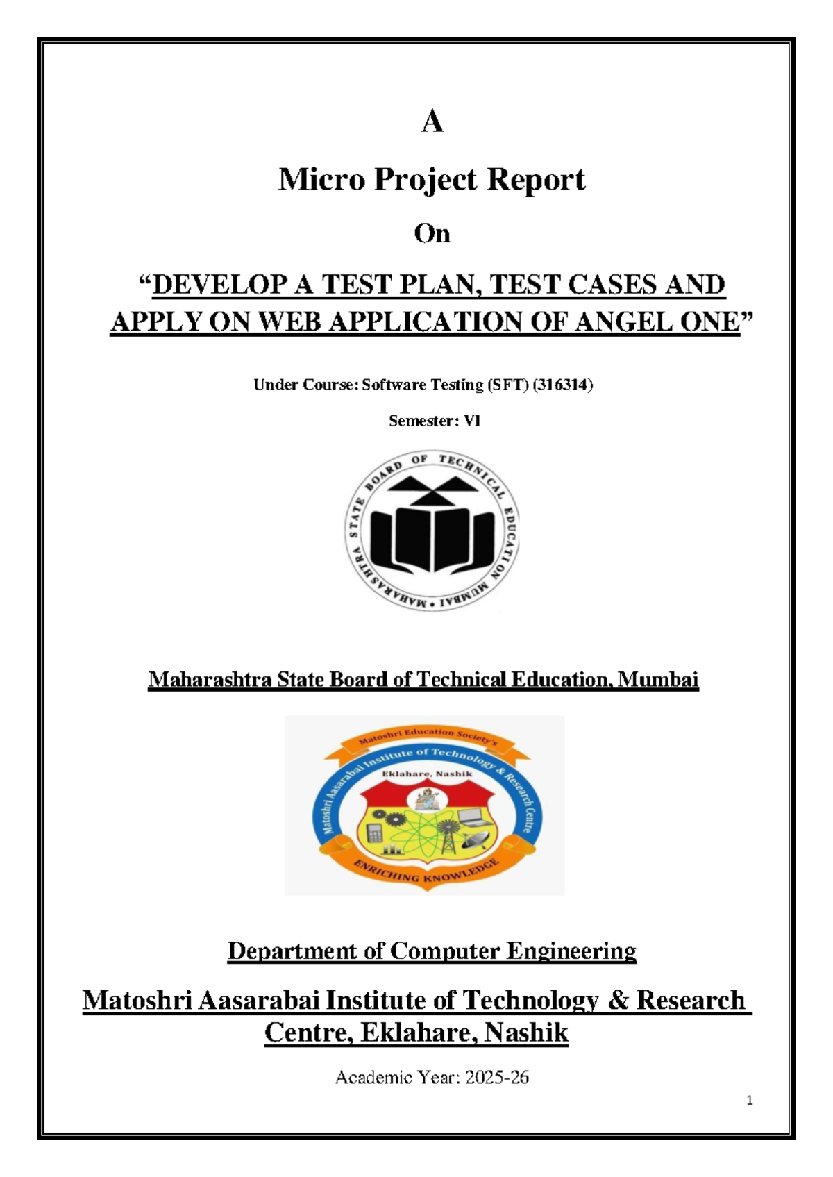 Micro Project Report: Test Plan & Cases for Angel Web App (SFT 316314 ...