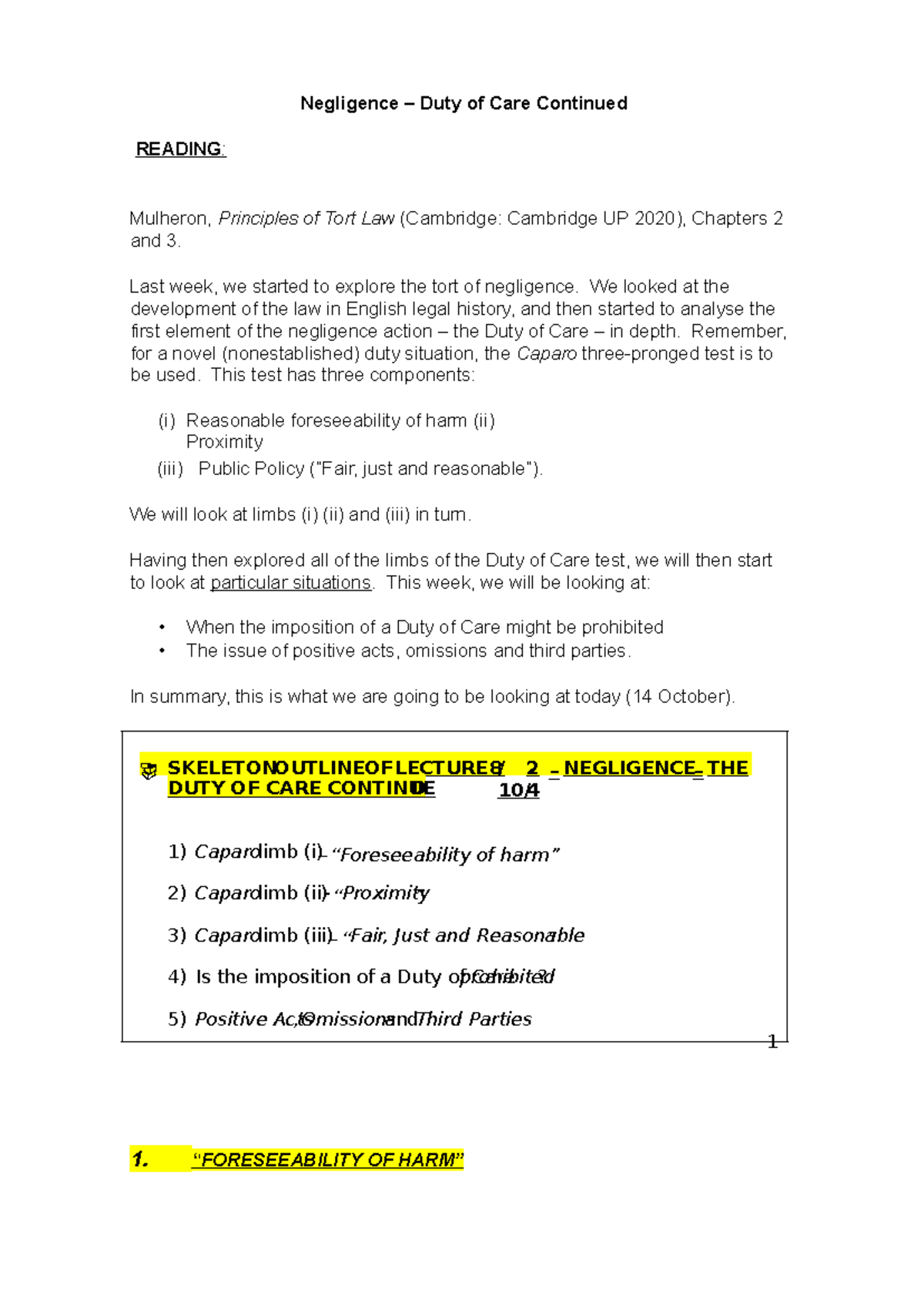 Tort Law - Lecture 2 - notes - Negligence – Duty of Care Continued ...