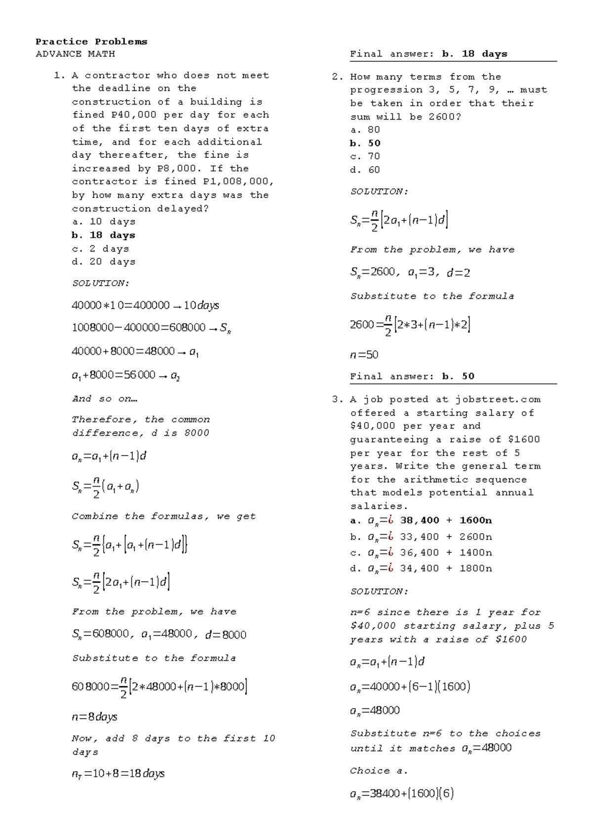 Practice Problems for ADVANCE MATH 1 - Studocu