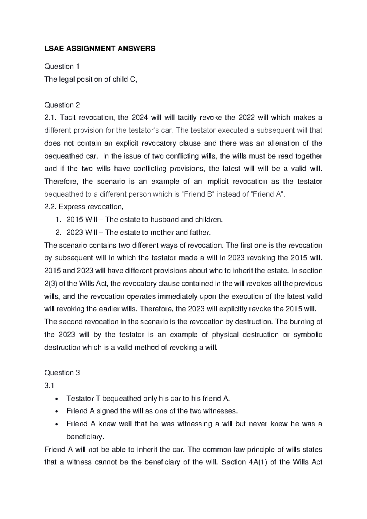 LSAE 2024 Assignment Answers: Legal Position of Wills and Inheritance ...