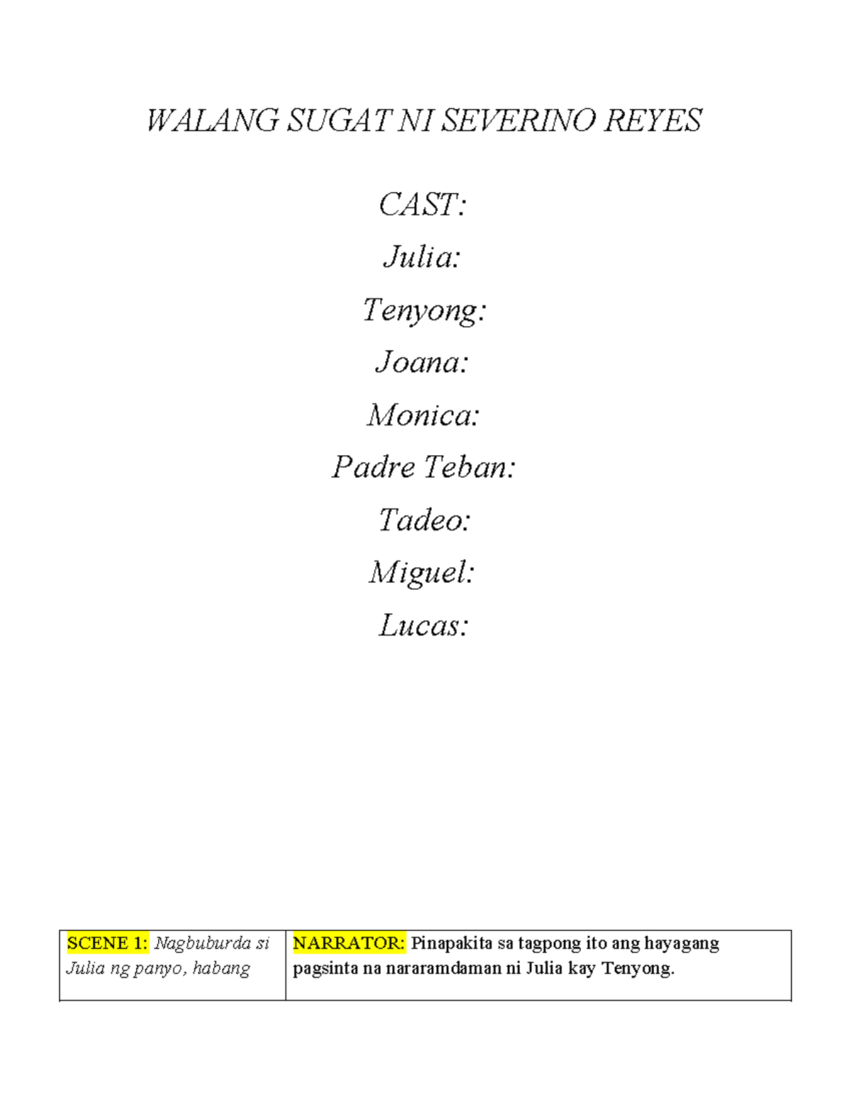 Walang Sugat Ni Severino Reyes: Script ng Dula (728257740) - Document Preview