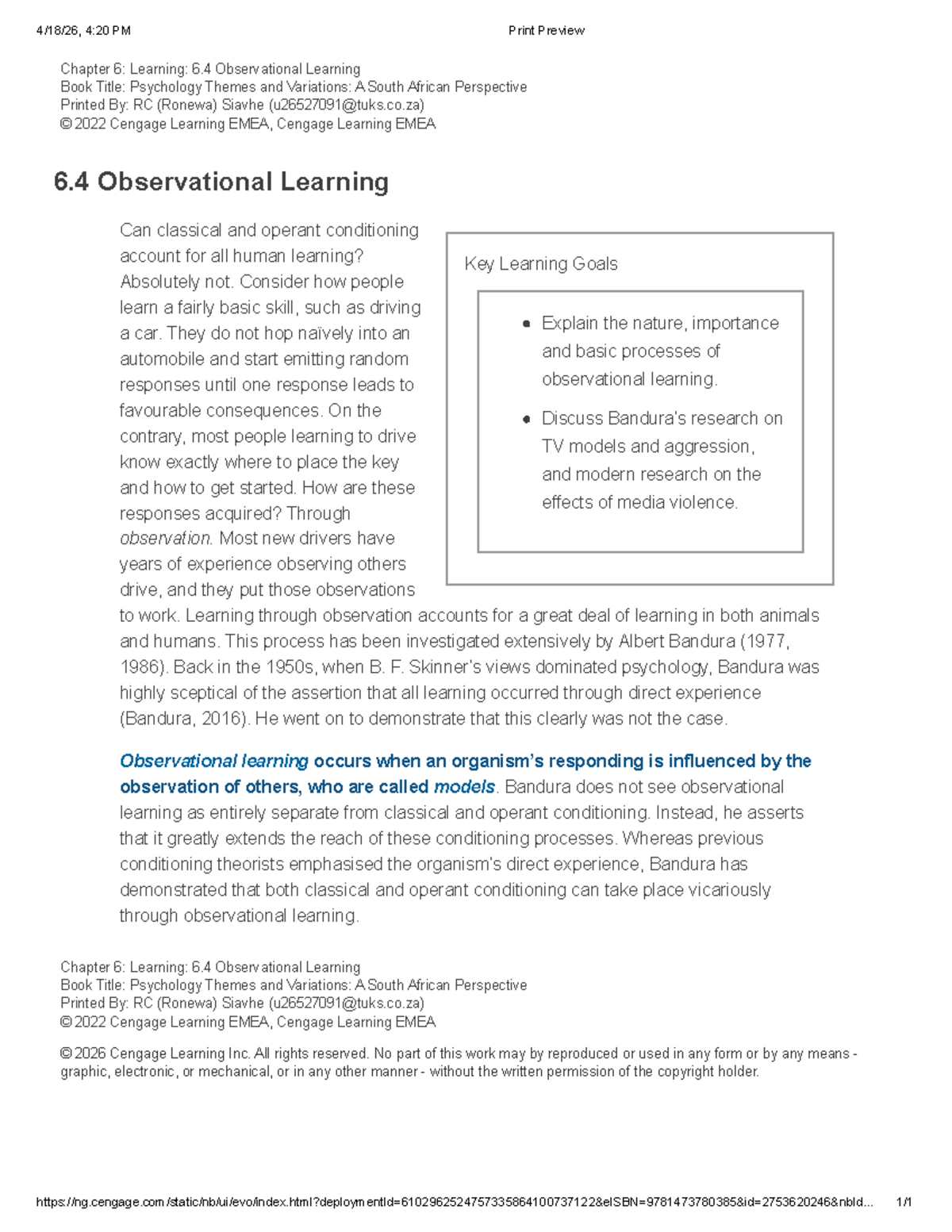 Chapter 6: Learning - Observational Learning - Studocu