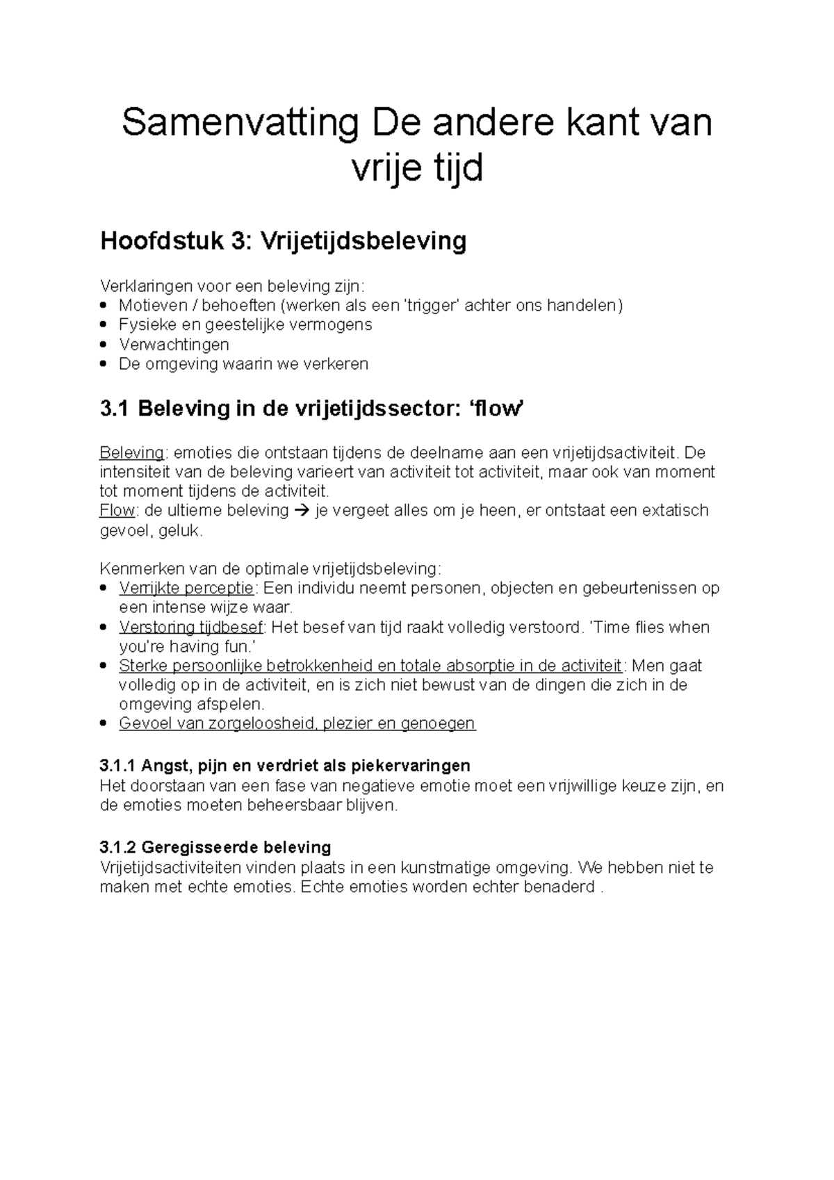 Samenvatting DE ANDERE KANT VAN DE VRIJE TIJD - Hoofdstukken 3 & 4 ...