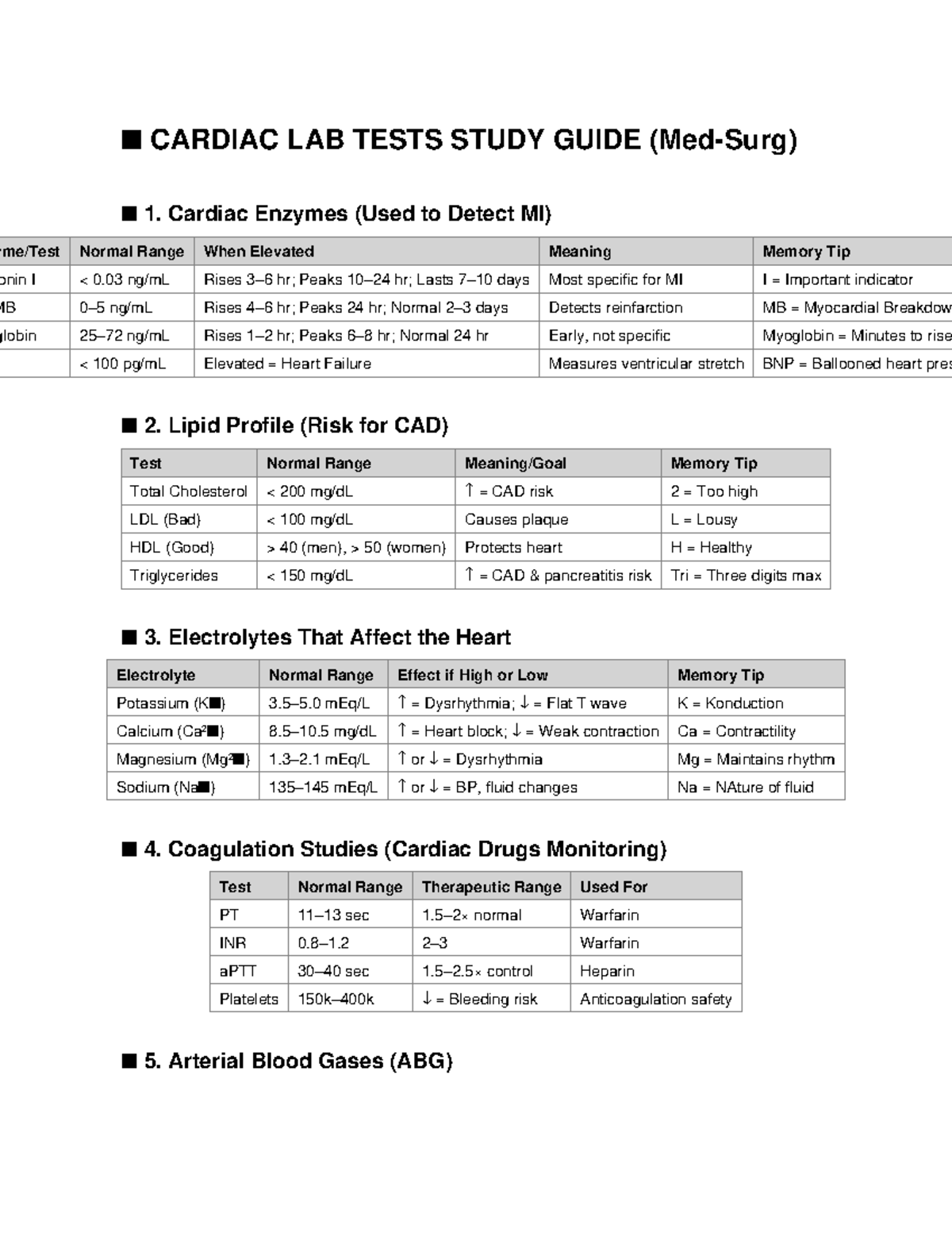 CARDIAC LAB TESTS STUDY GUIDE 2: Key Insights & Normal Ranges - Studocu