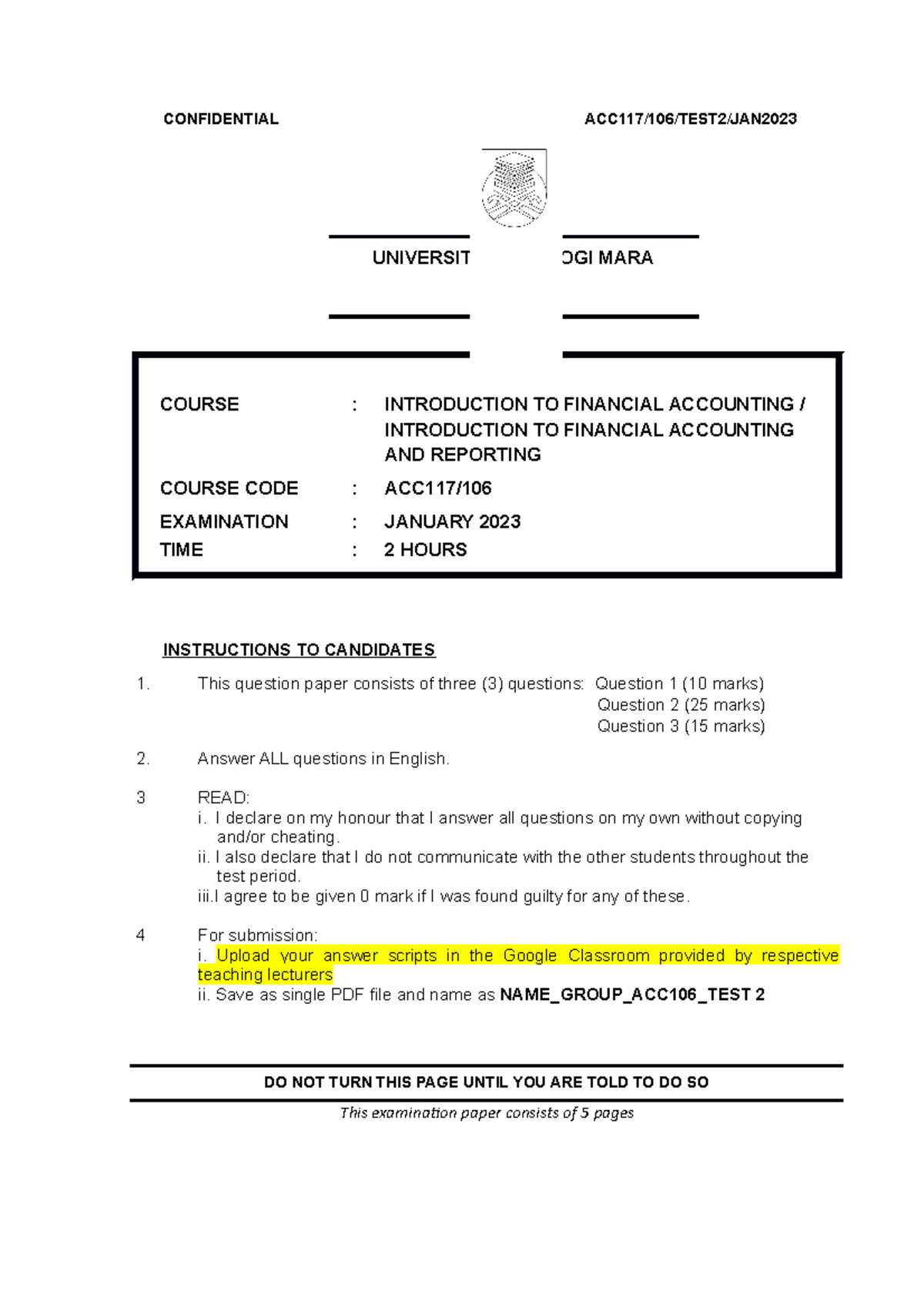 ACC117/ACC106 Test 2: Financial Accounting Examination Paper January ...
