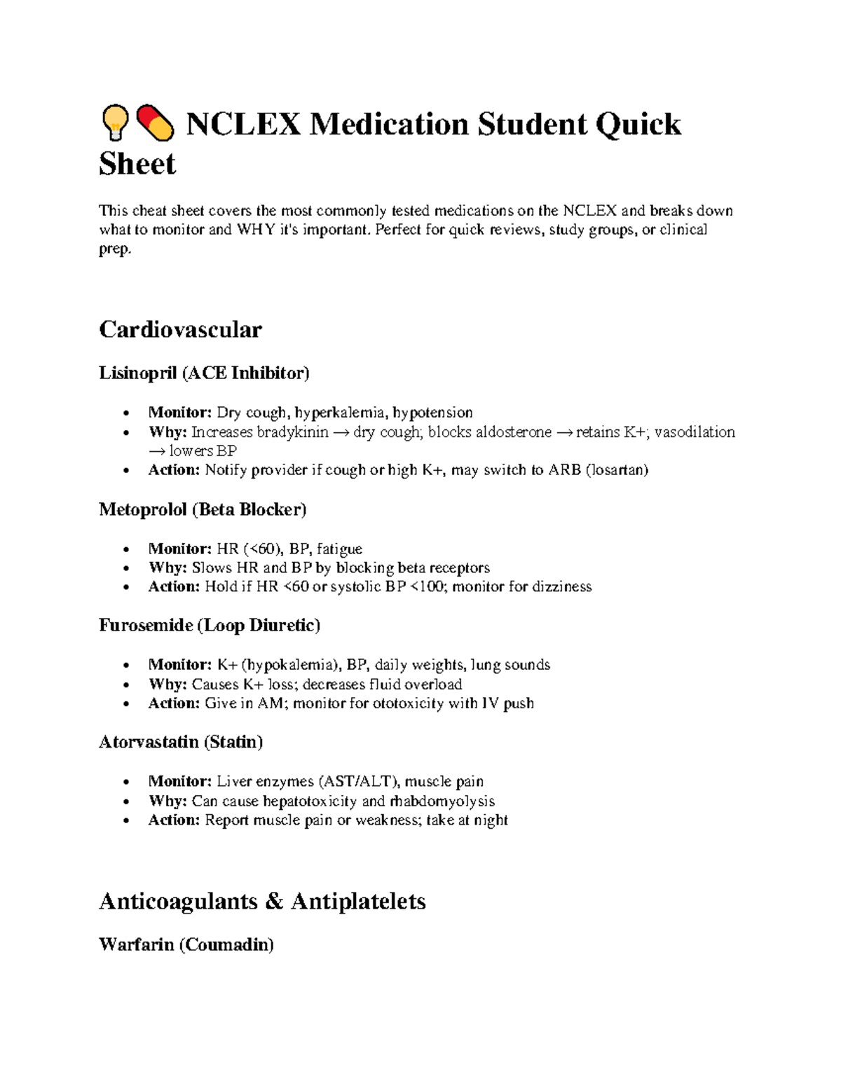 NCLEX Meds Quick Reference Sheet: Key Monitoring & Actions - Studocu