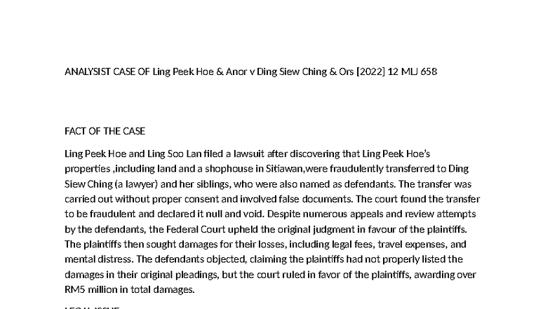 Analysist Case Study: Ling Peek Hoe & Anor v Ding Siew Ching [2022 ...