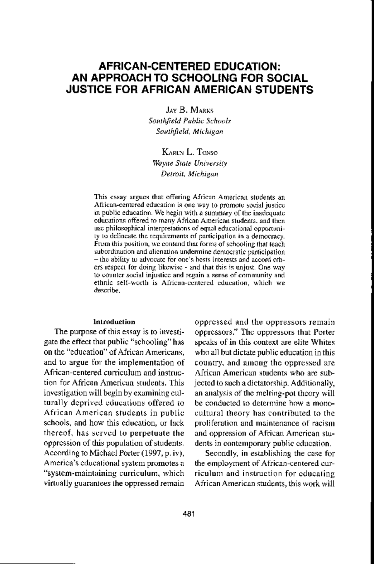African-Centered Education: A Framework for Social Justice in Public ...