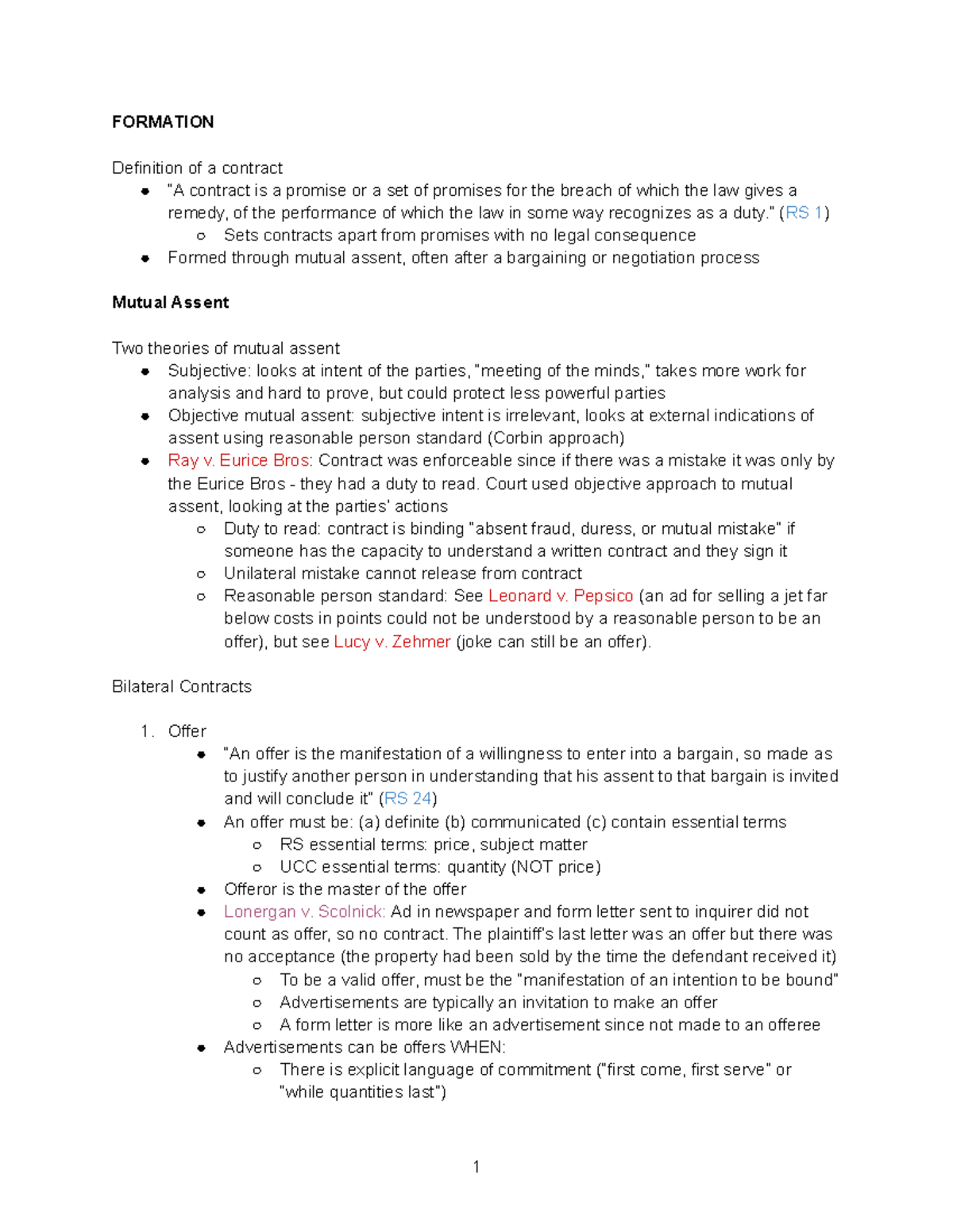 Contracts Outline_ Section 1_2021 Fall - FORMATION Definition of a ...