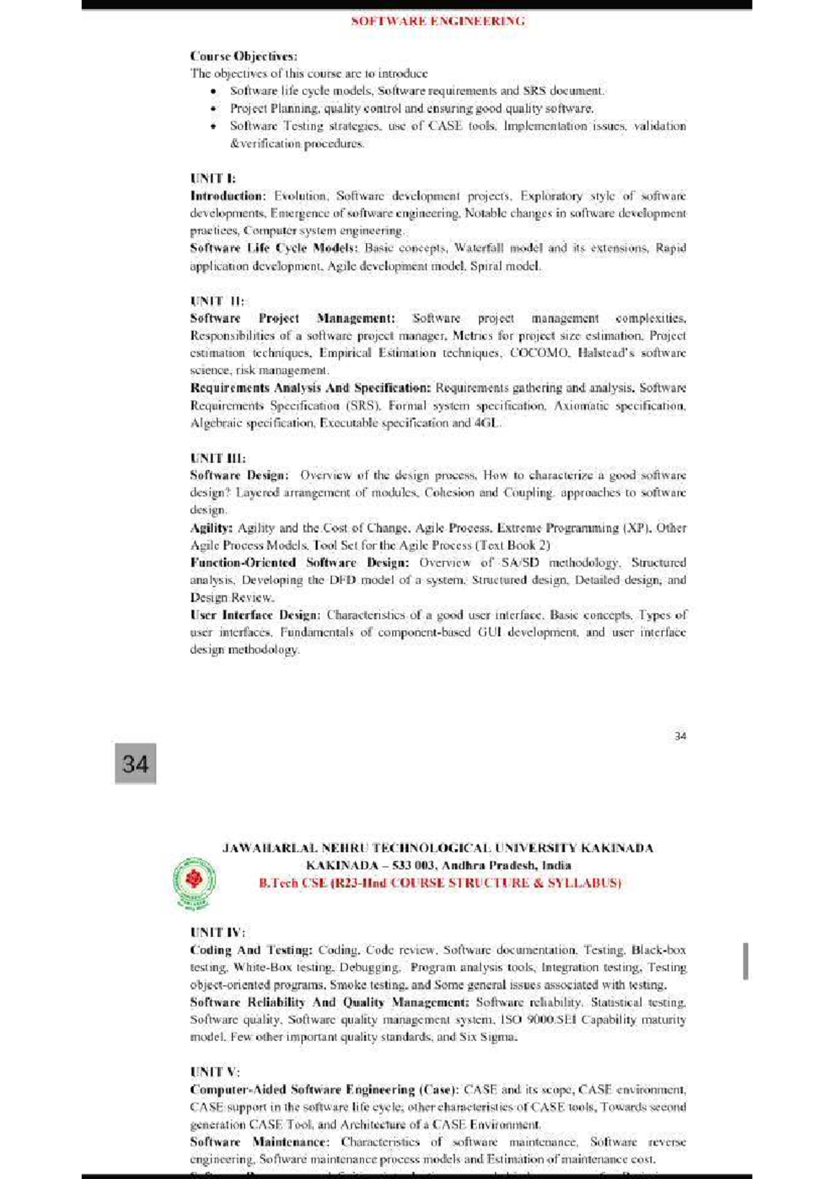 SOFTWARE ENGINEERING (CSE) Course Syllabus Overview and Objectives ...
