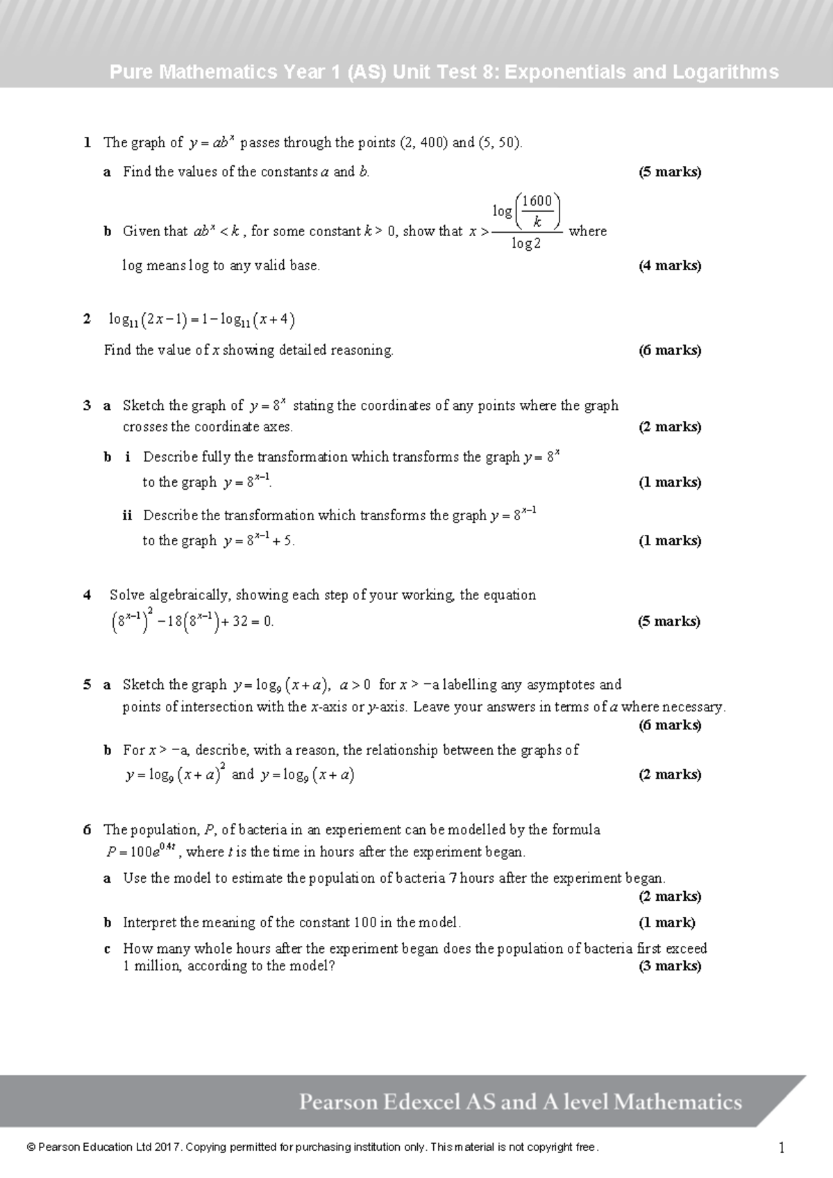 AS Pure Mathematics Unit 8: Exponentials & Logarithms QP - Studocu