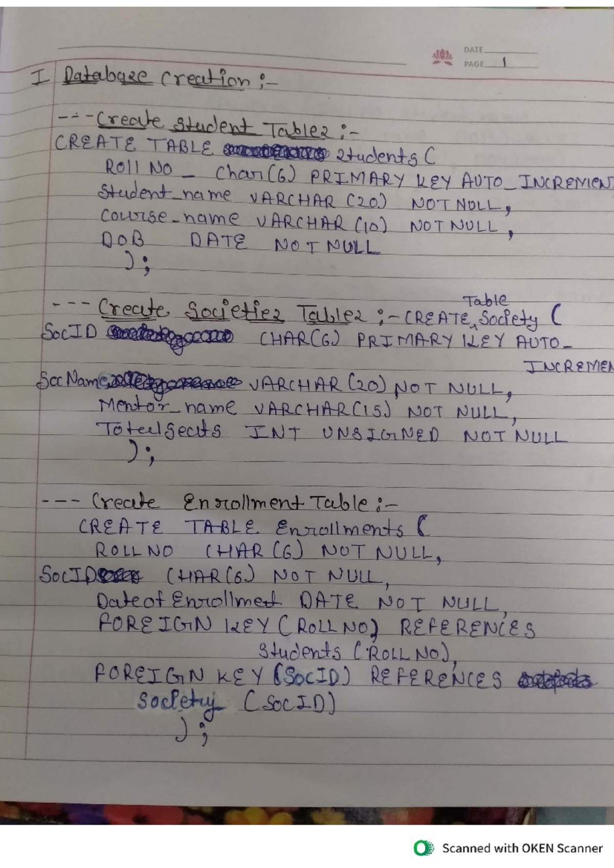 DBMS Practical1 - DATE PAGE 1 I Database creation create student Table2 ...