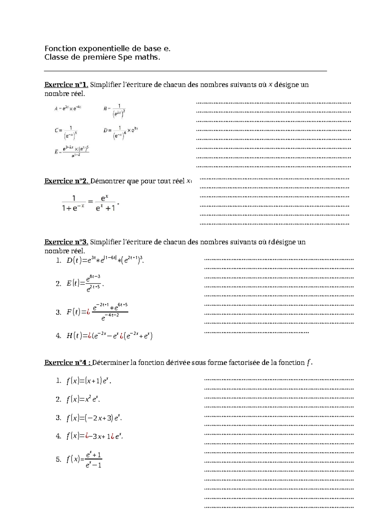 Exercices de Fonction Exponentielle - Classe de Première Spe Maths ...