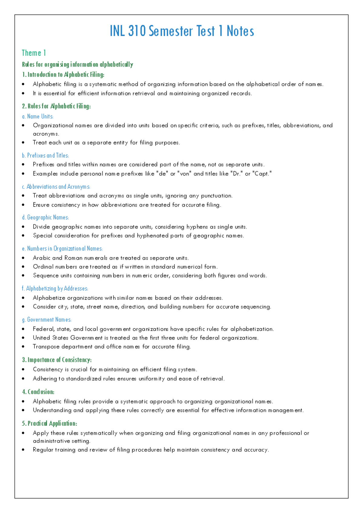 Semester Test 1 notes - Summary Information organization - INL 310 ...