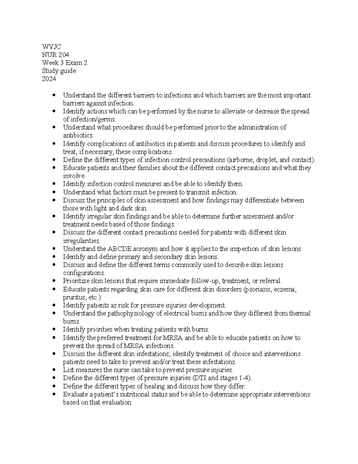 NUR 204 Week 3 Exam 2 Study Guide: Infection Control & Skin Assessment ...