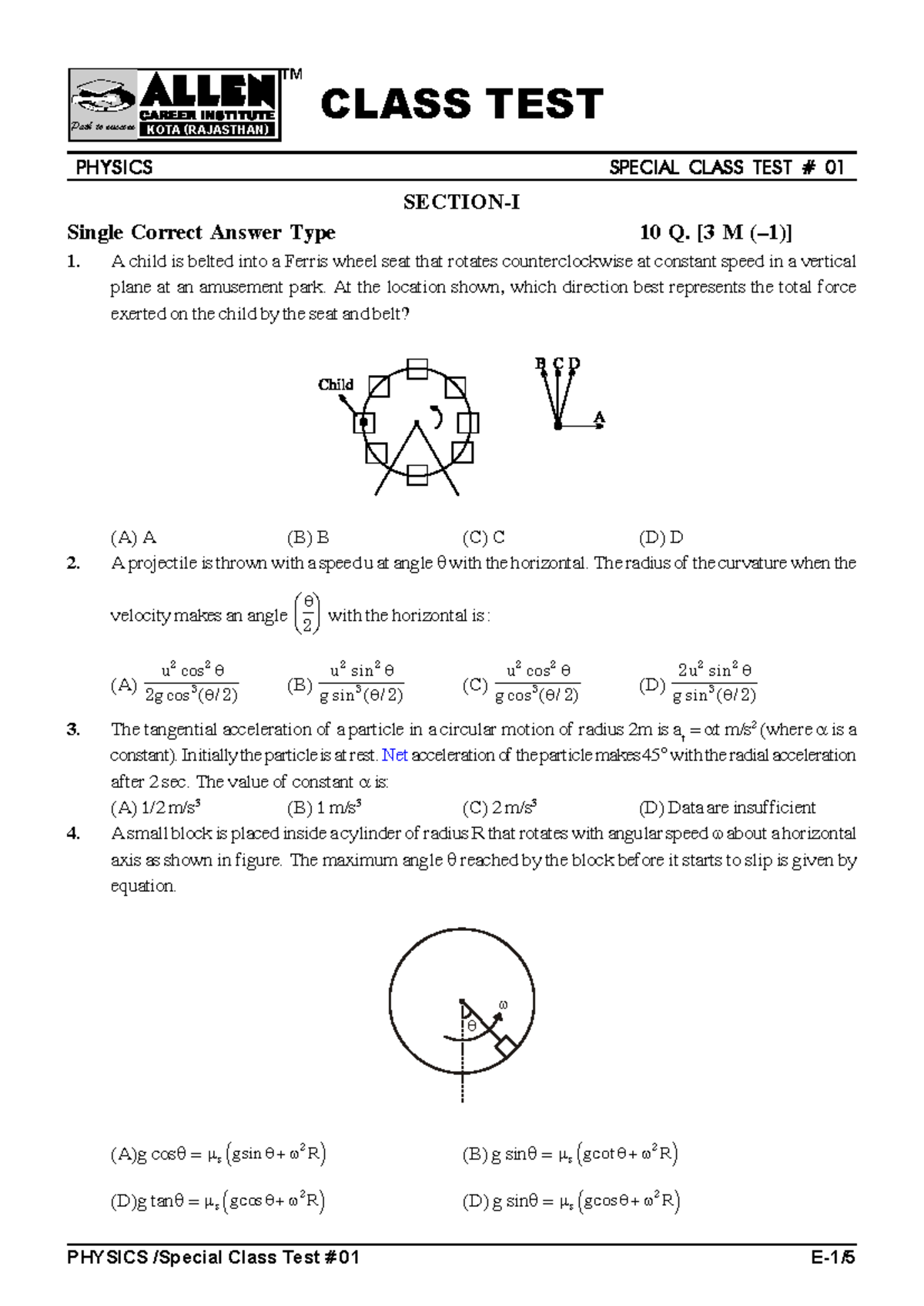 PHYSICS Special Class Test 01-05 Notes for Success KOTA (RAJASTHAN ...