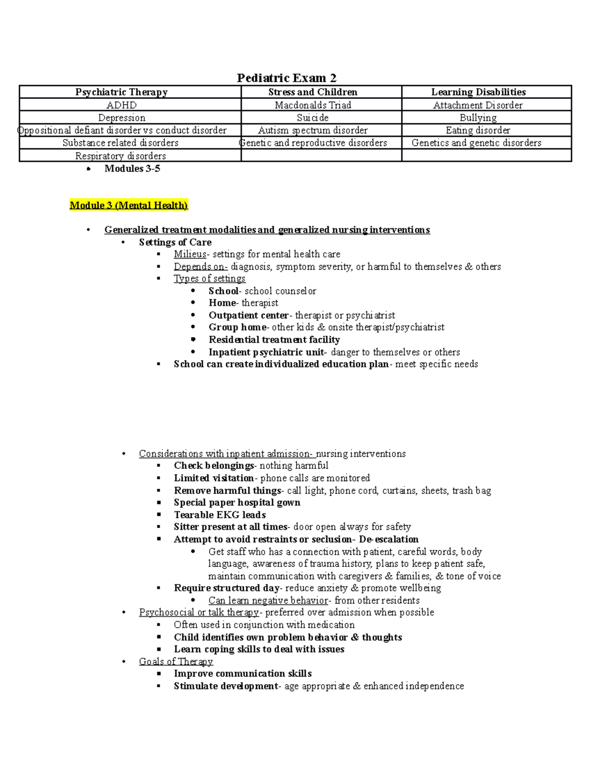 336 Exam 2 Study Guide - Pediatric Exam 2 Psychiatric Therapy Stress ...