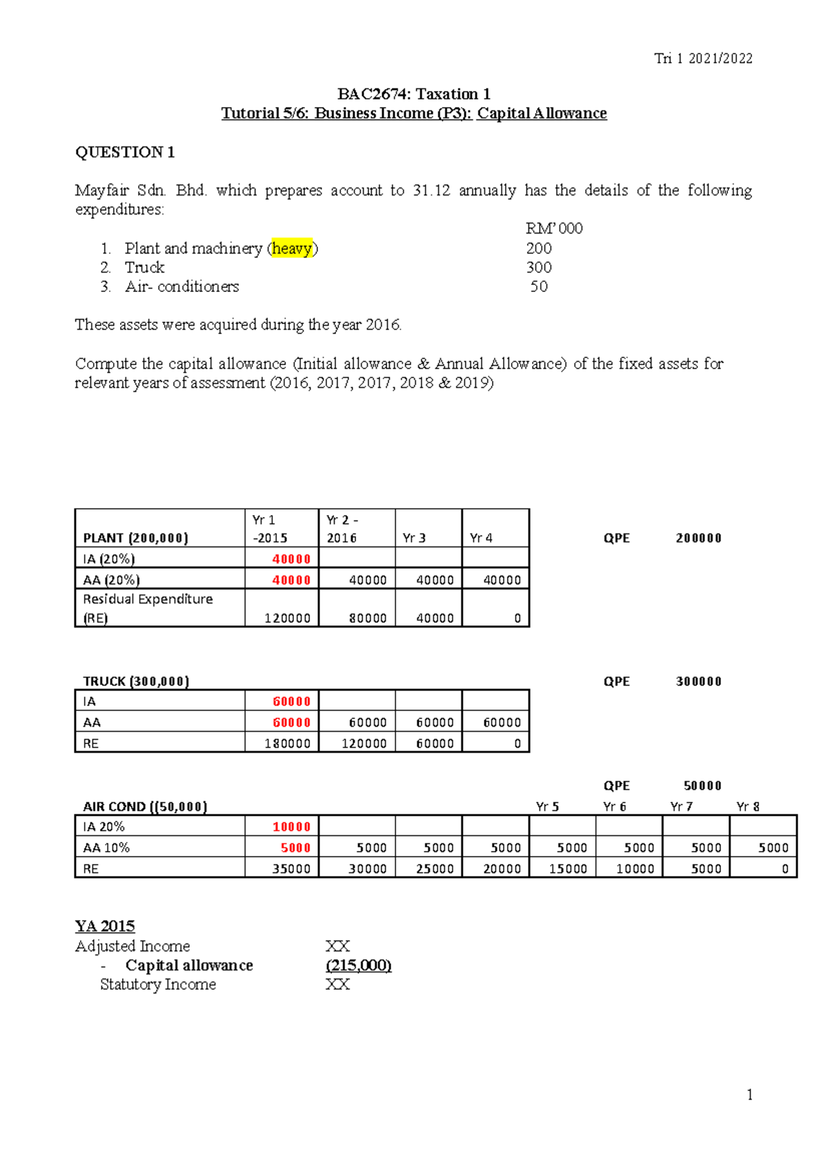 Tutorial 6: Business Income (P3) Capital Allowance Analysis - Studocu