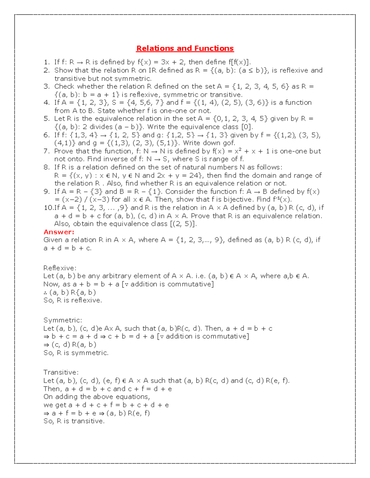 Relations and Functions - 1 - Relations and Functions If f: R → R is ...