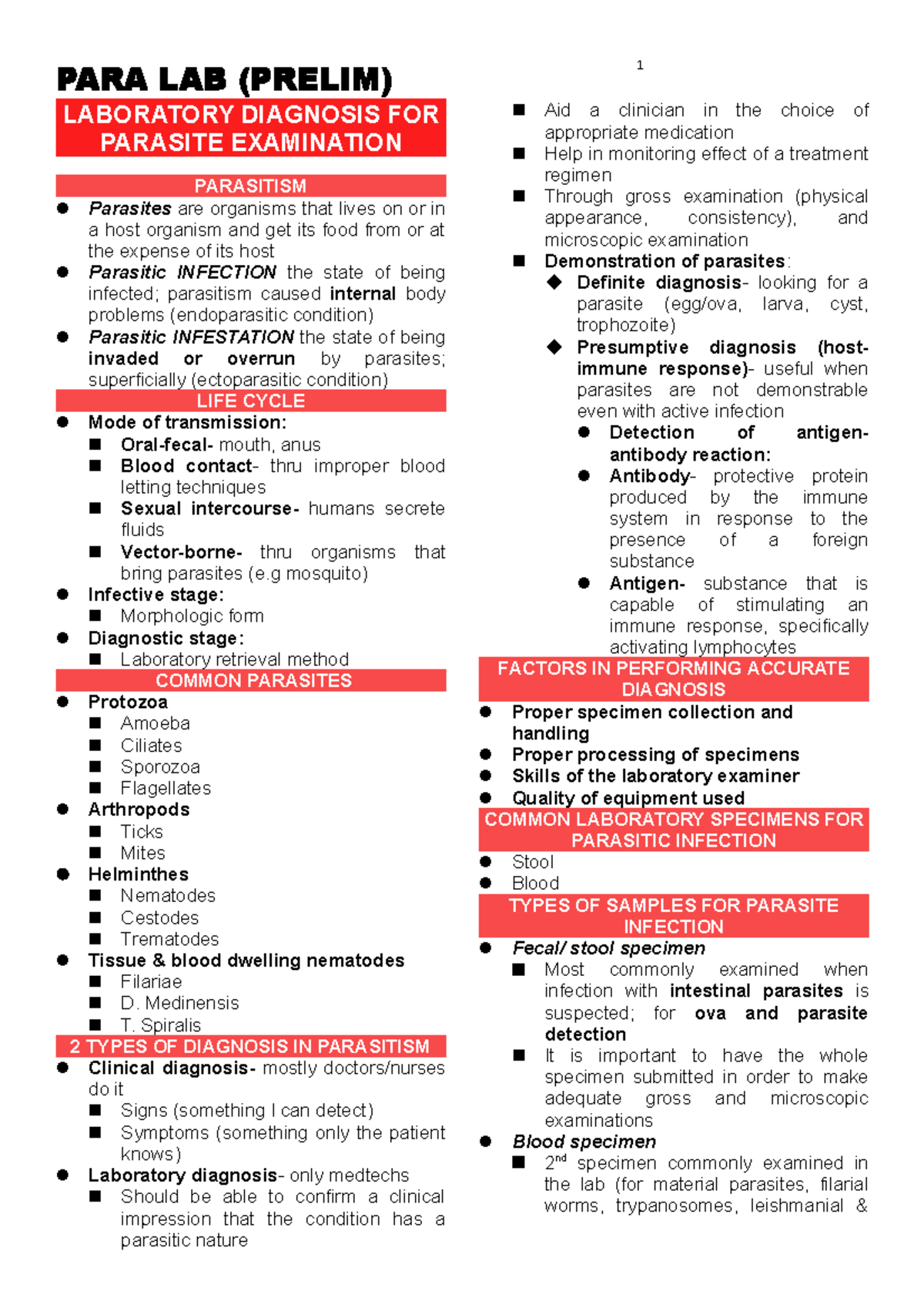 Medlabsci- Laboratory Diagnosis and Examination of Parasites - Studocu