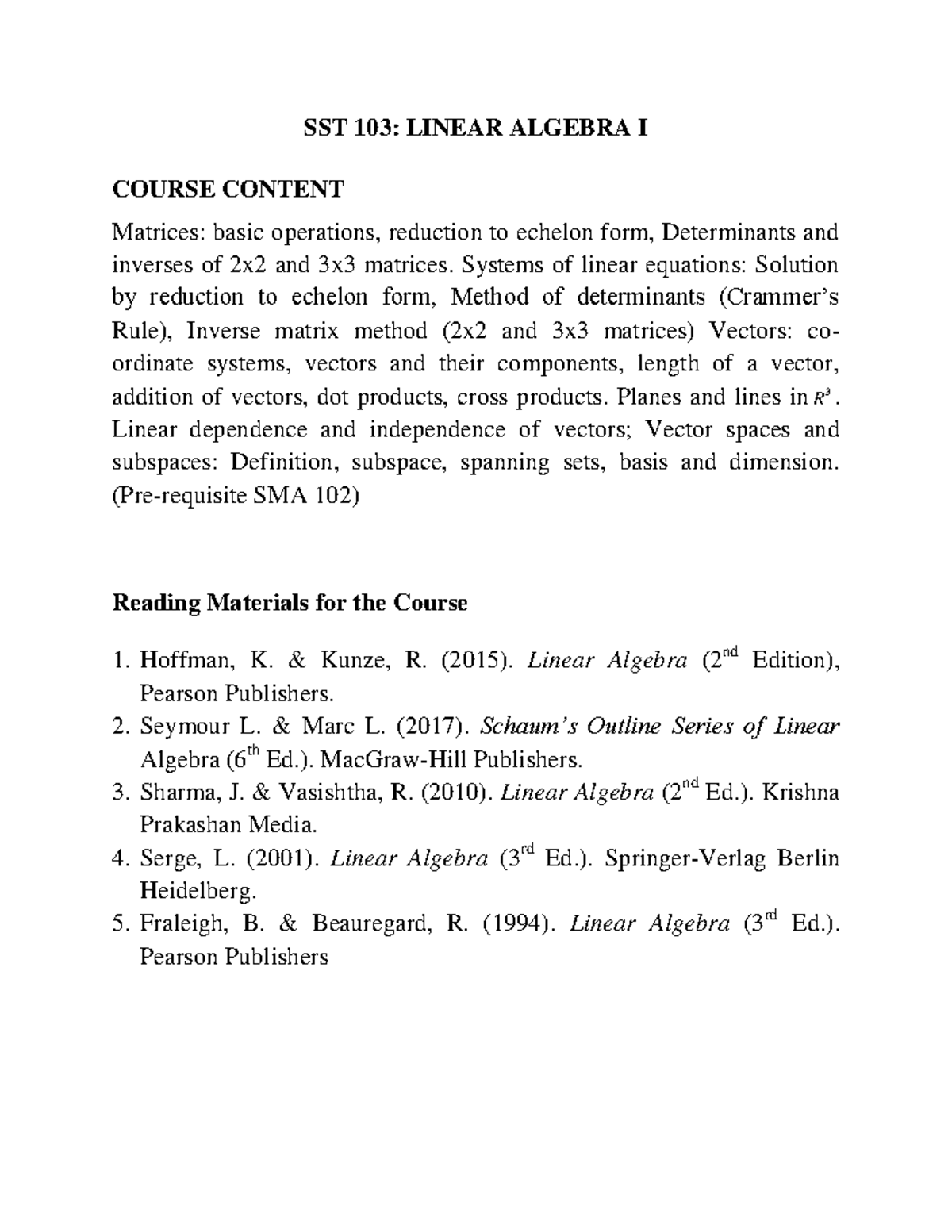 SST 103: Linear Algebra I - Comprehensive Course Notes - Studocu