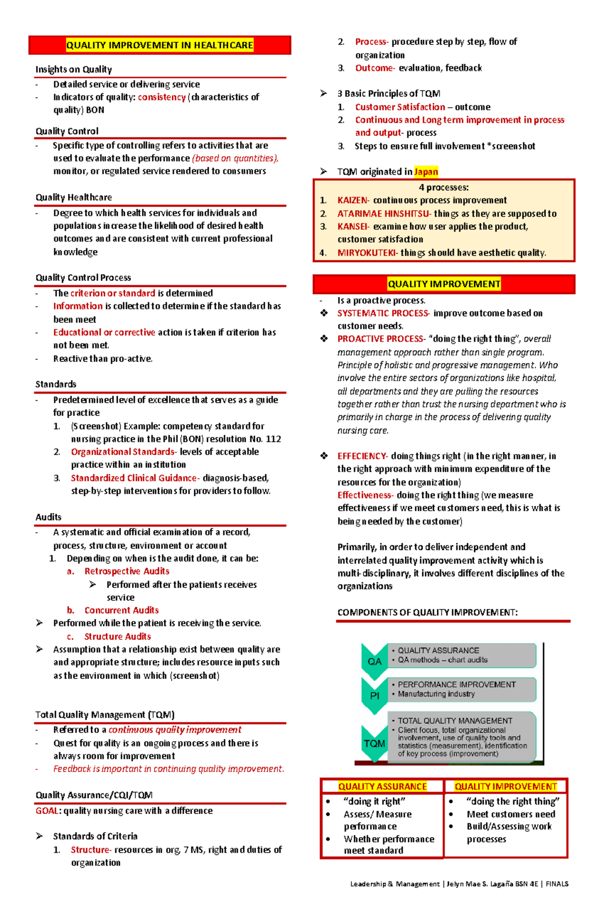 Quality Improvement in Healthcare: Leadership & Management Finals - Studocu
