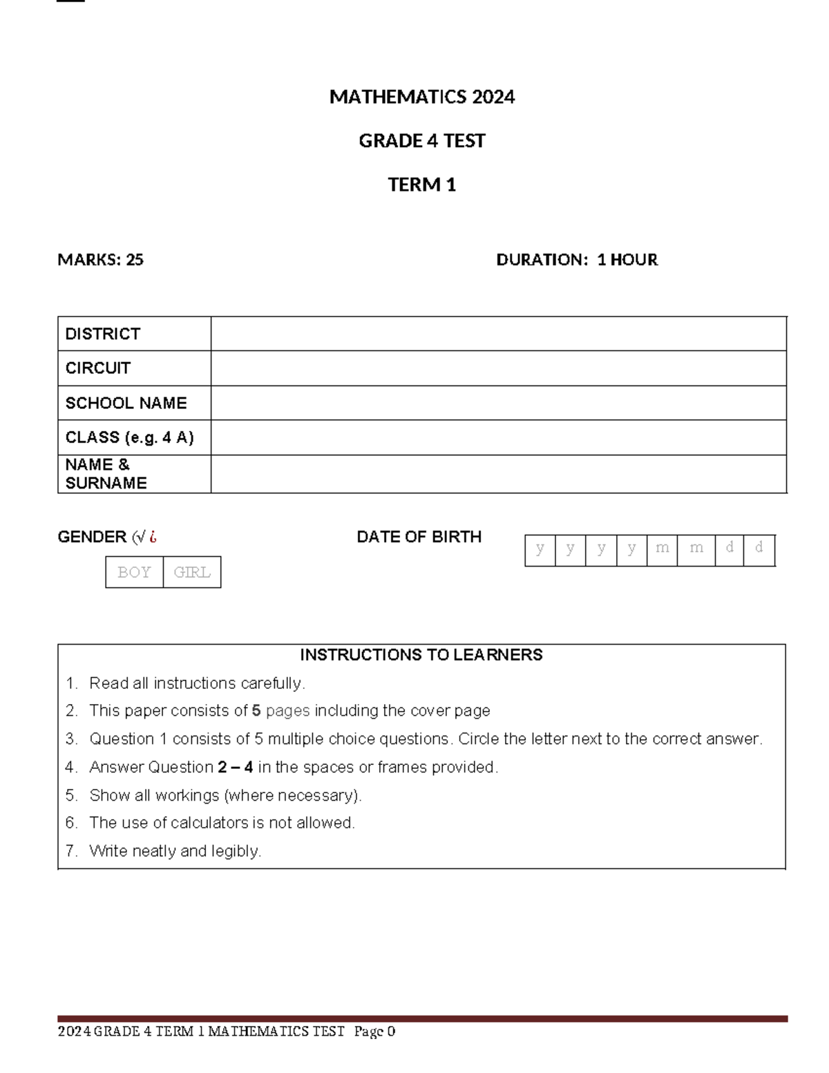 MATHEMATICS 2024 GRADE 4 TERM 1 TEST: 25 MARKS - Studocu