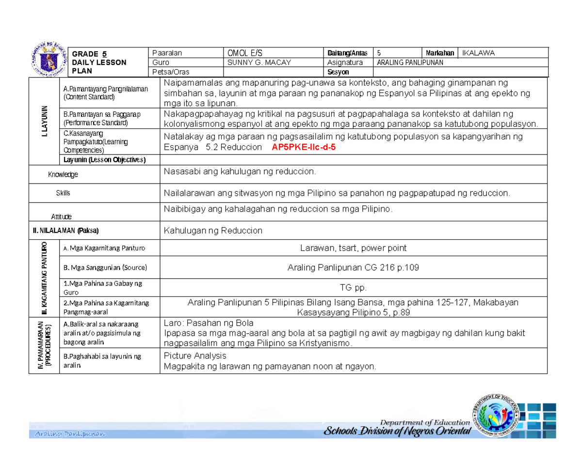 AP 5 - please see attached file. - I. LAYUNIN A Pangnilalaman (Content ...