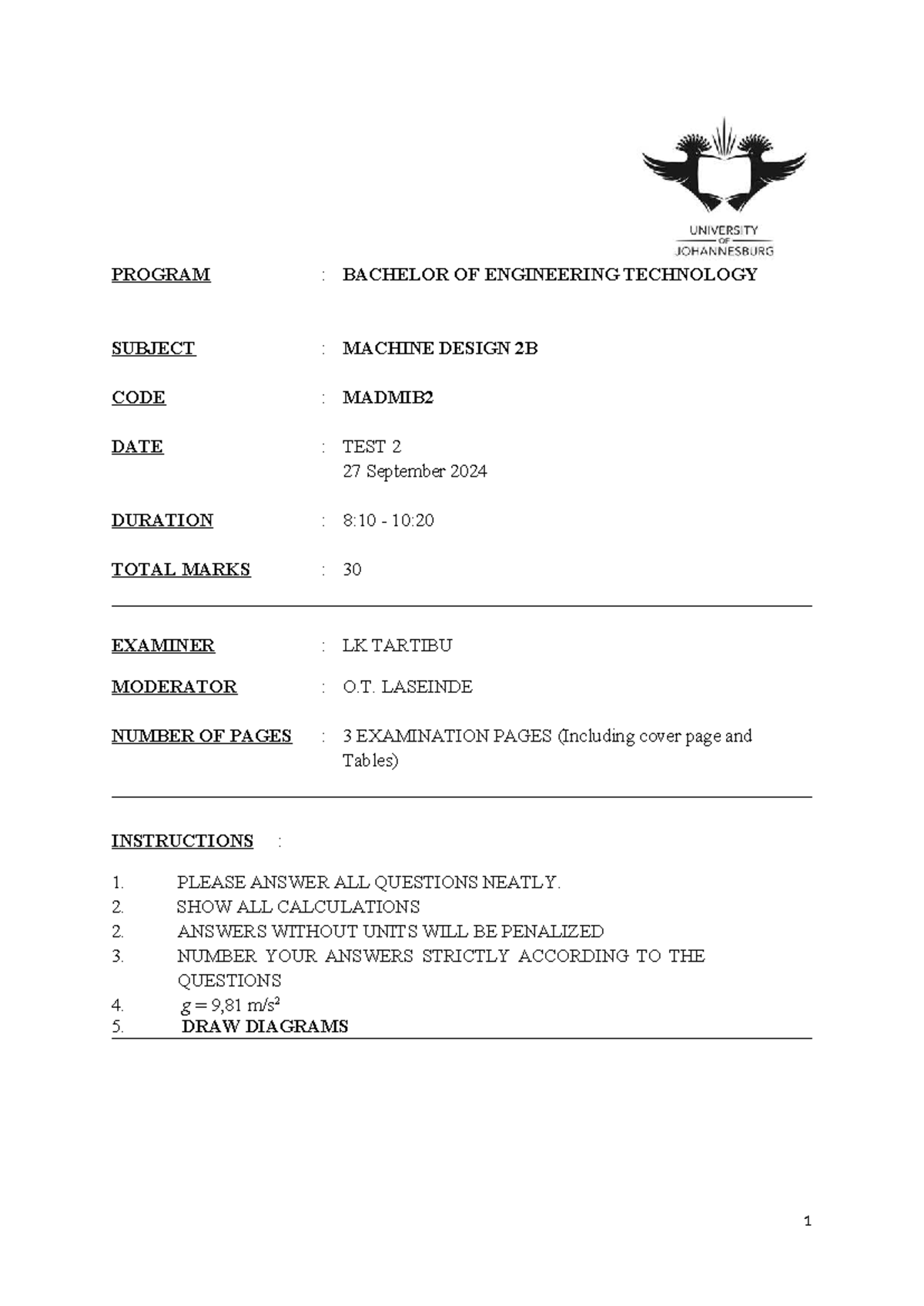 MADMIB2: Test 2 - Machine Design 2B Examination Notes - Studocu