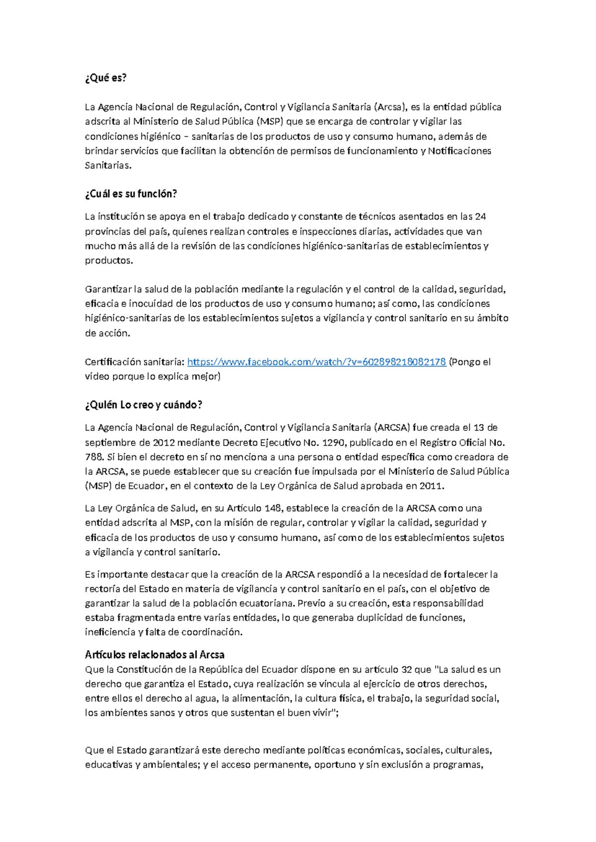 Arcsa: Regulación y Control Sanitario en Ecuador - Esenciales аспекти ...